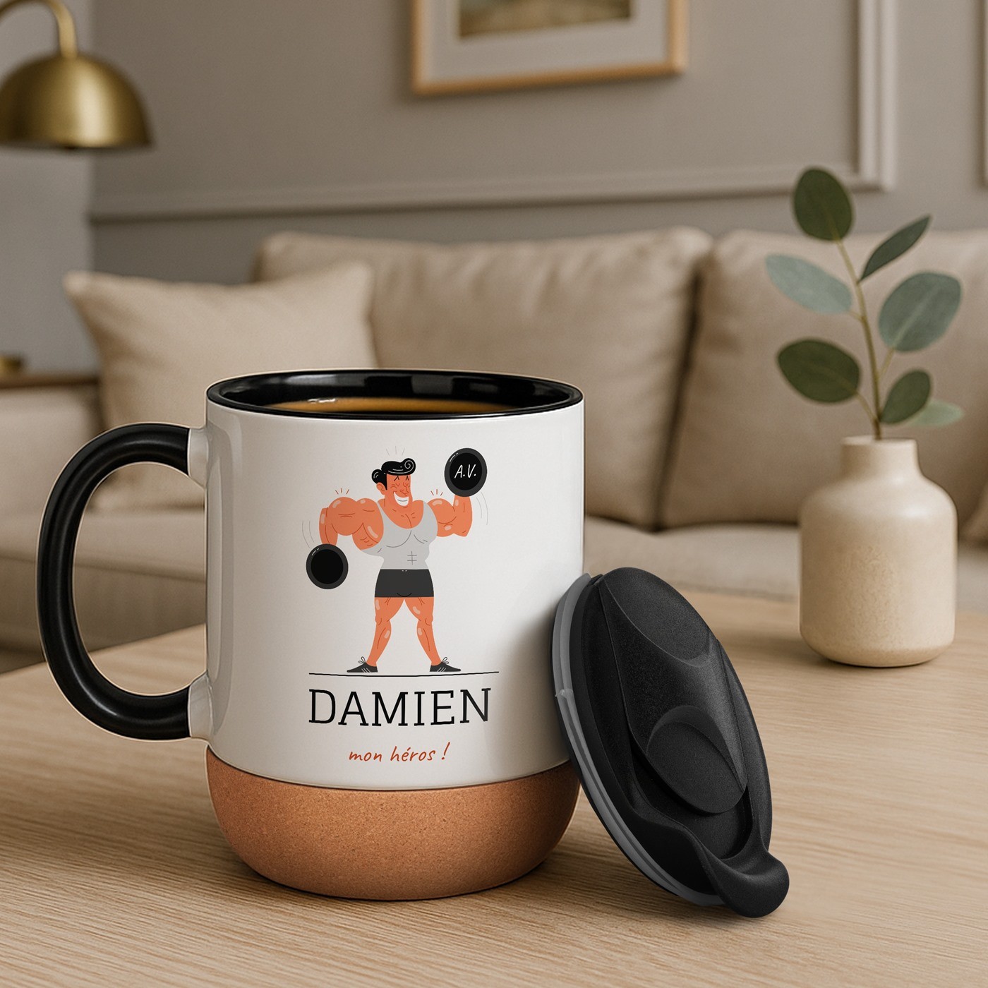 Mug blanco Murrano con impresión y tapa para entrenador deportivo