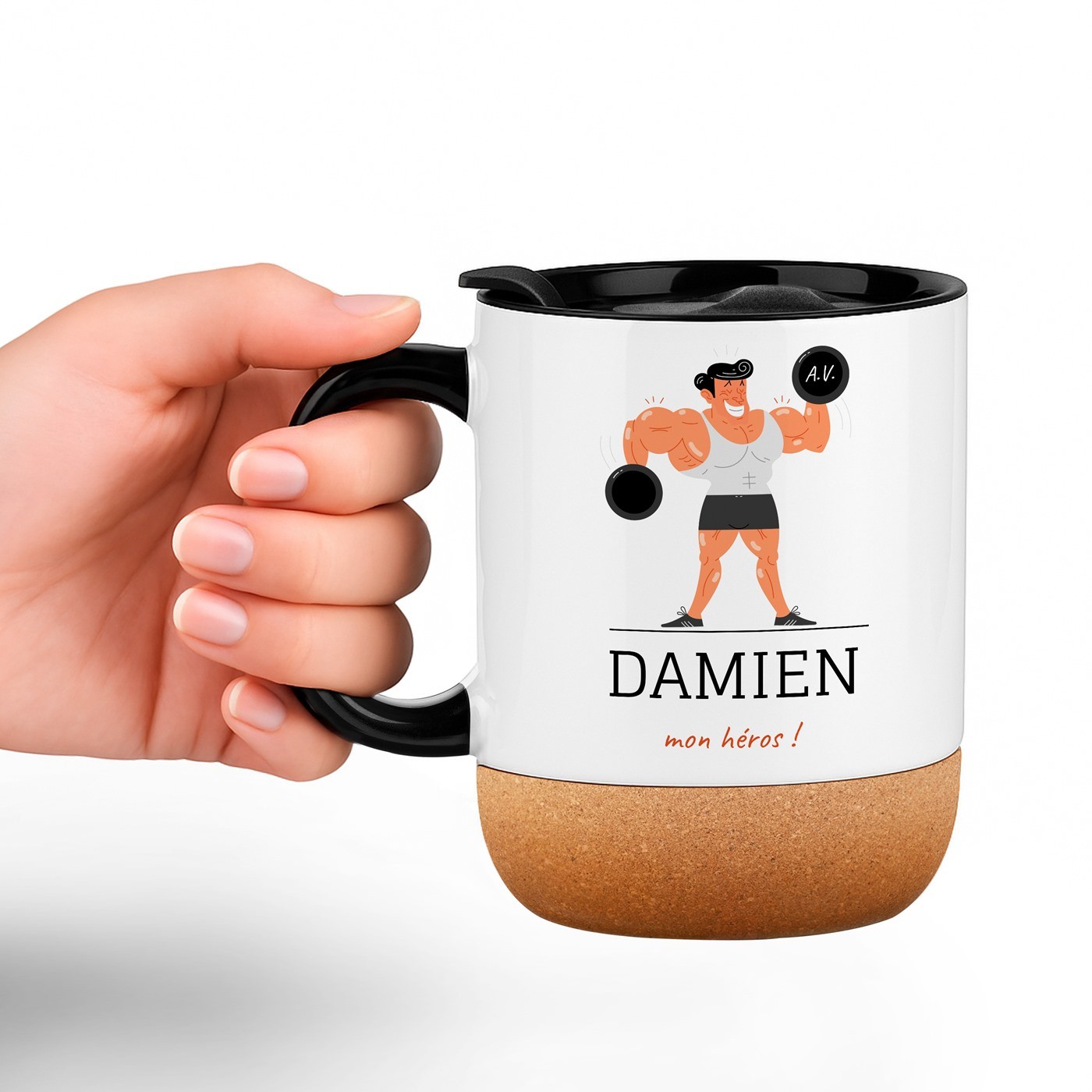 Mug blanco Murrano con impresión y tapa para entrenador deportivo