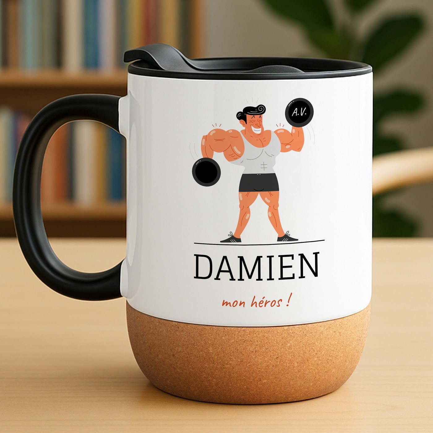 Mug blanco Murrano con impresión y tapa para entrenador deportivo