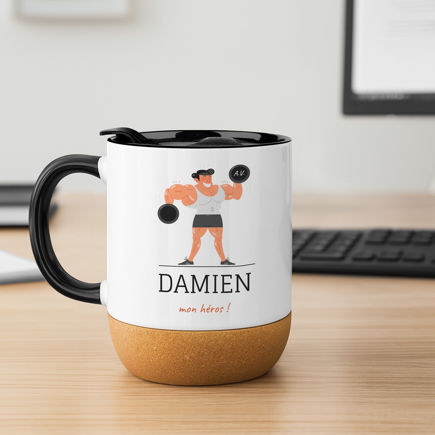 Mug blanco Murrano con impresión y tapa para entrenador deportivo
