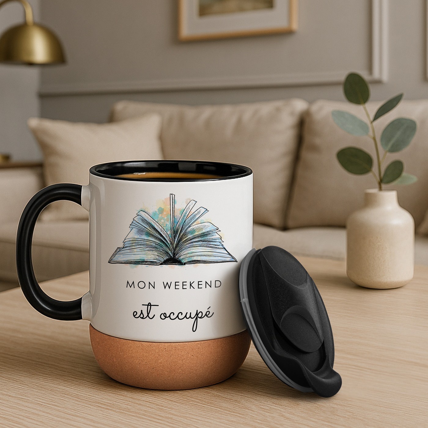 Taza de cerámica blanca Murrano con tapa para maestra amante de los libros