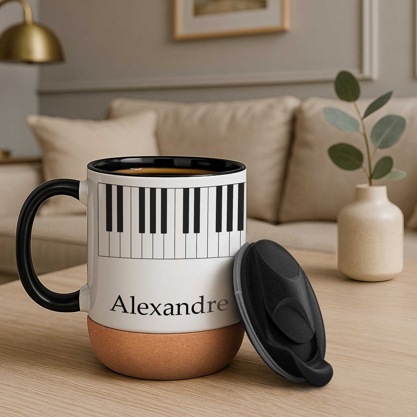 Taza de cerámica blanca Murrano con tapa para pianista - Regalo de aniversario