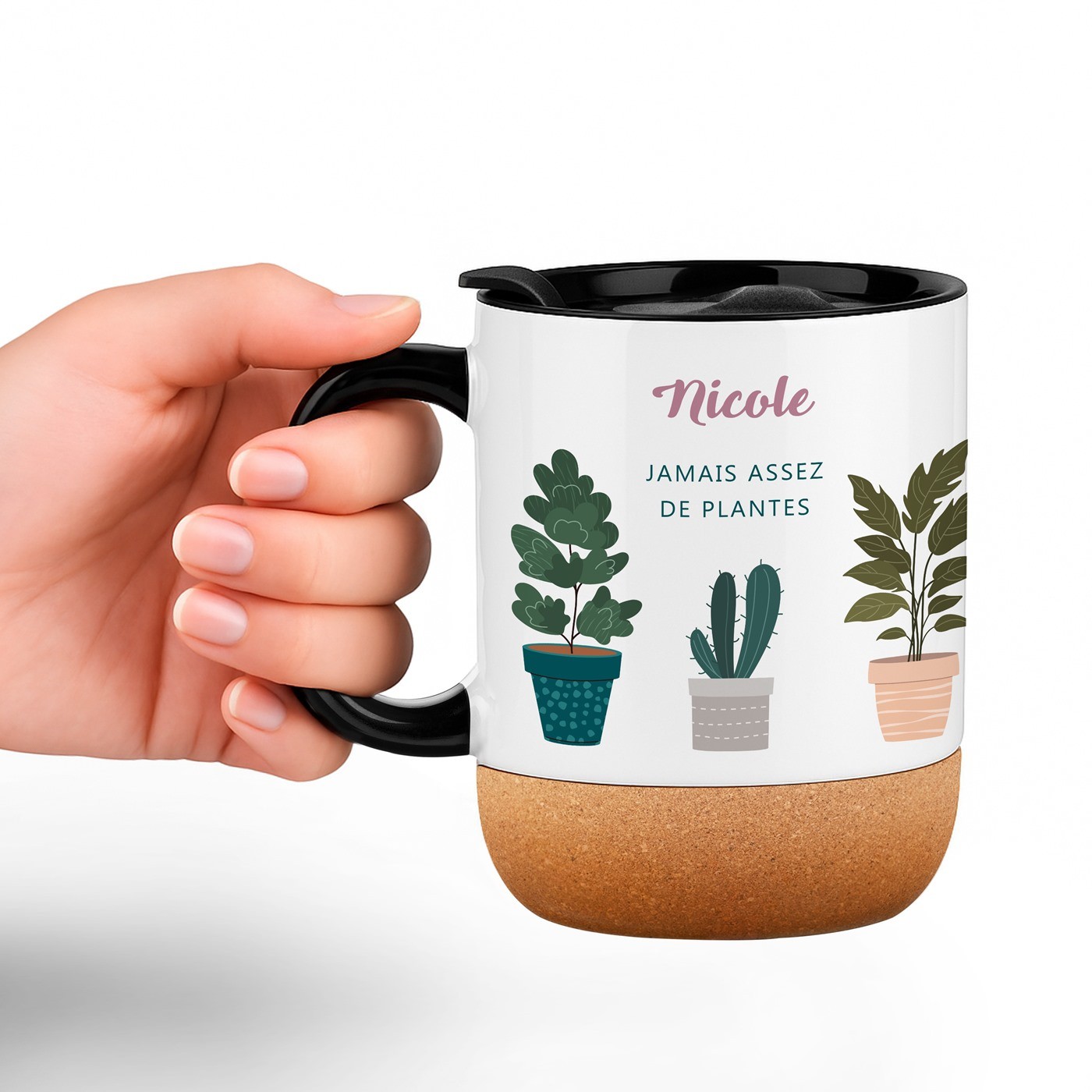Mug de cerámica blanca Murrano con base de corcho y tapa para florista