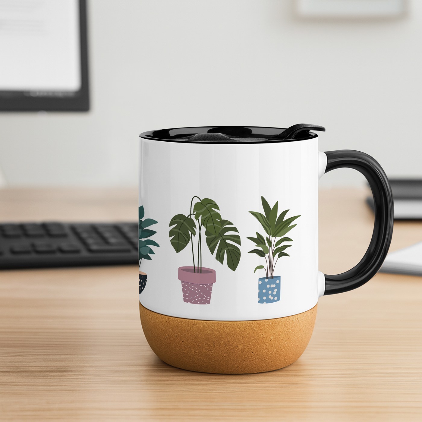 Mug de cerámica blanca Murrano con base de corcho y tapa para florista
