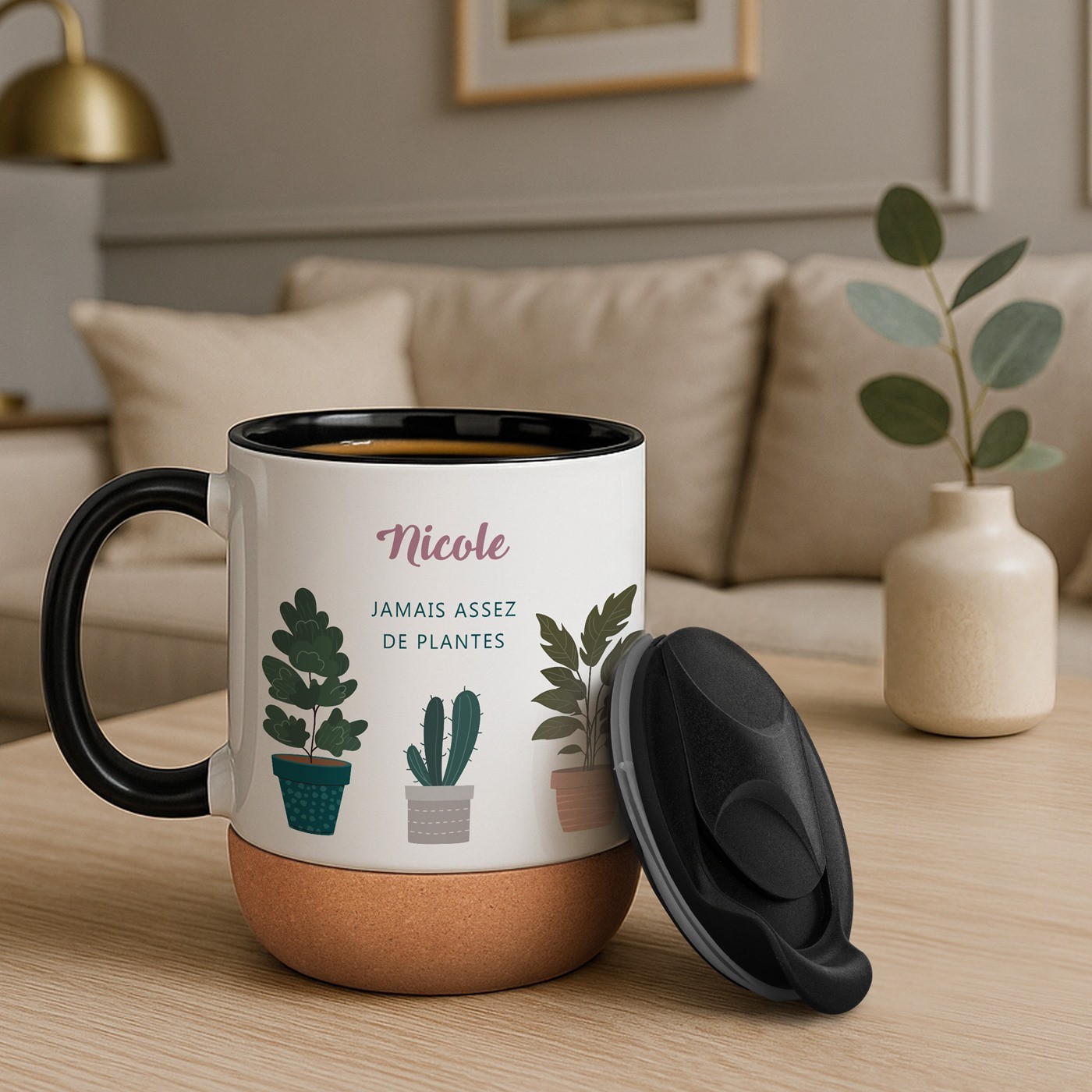 Mug de cerámica blanca Murrano con base de corcho y tapa para florista