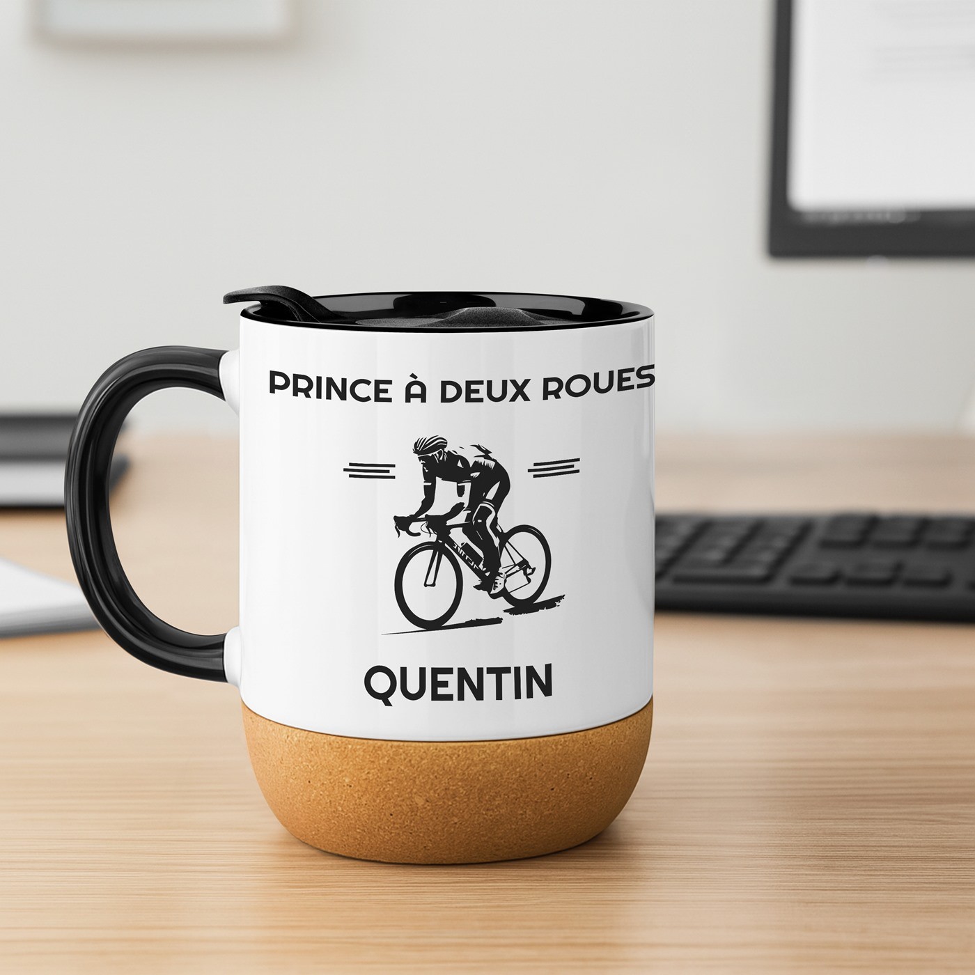 Taza de cerámica blanca Murrano con tapa para ciclista - Regalo de aniversario