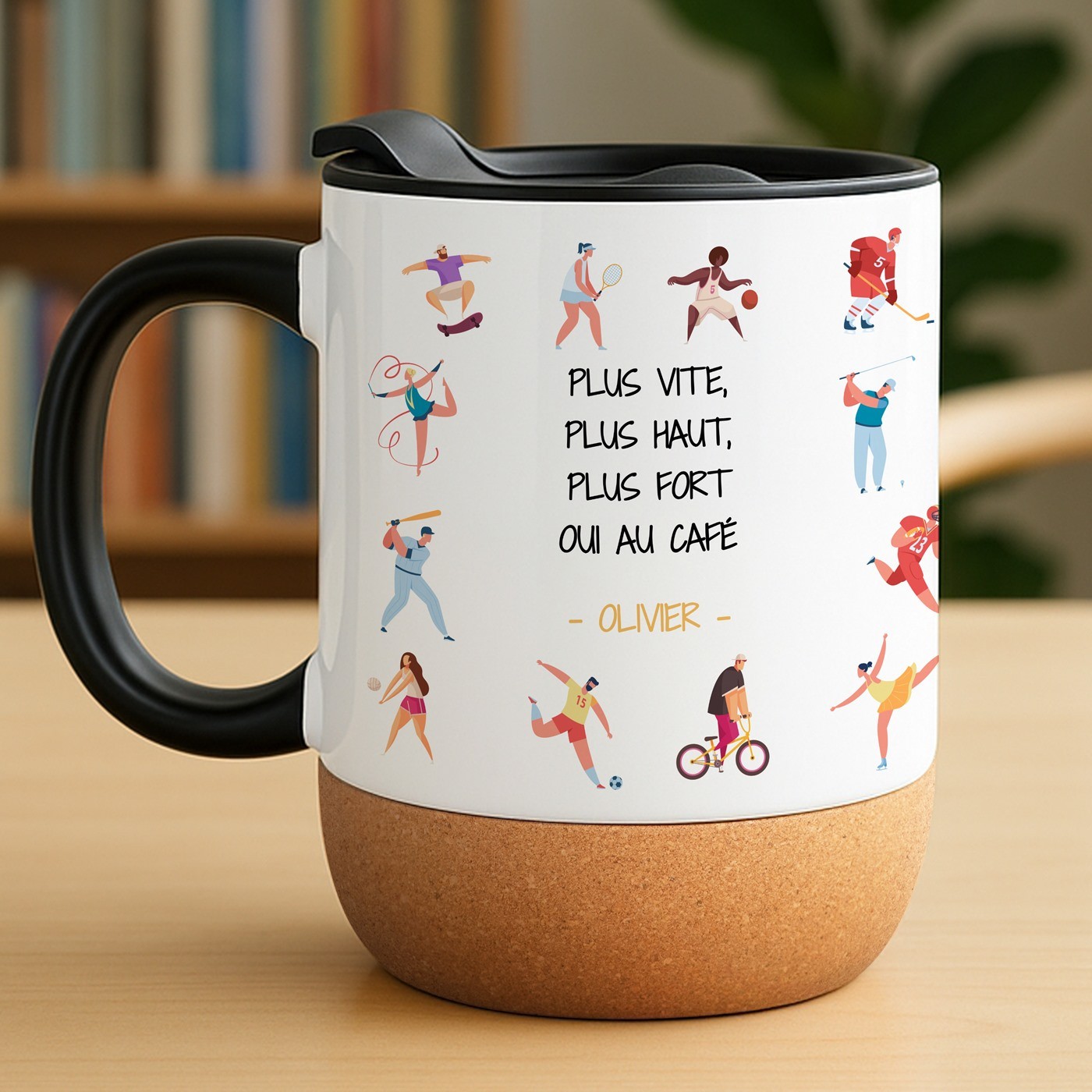 Mug de cerámica blanca Murrano con tapa para hombre deportivo
