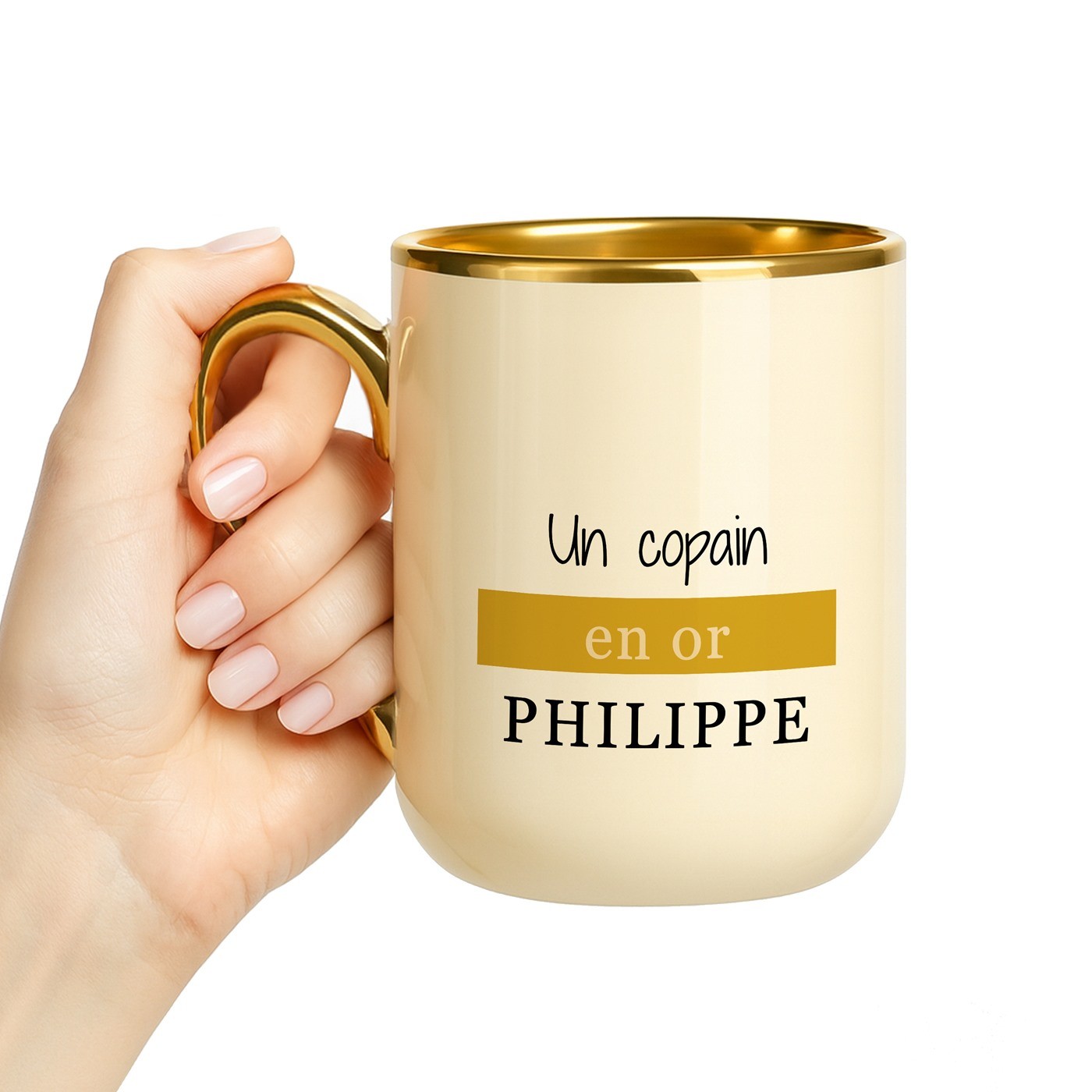 Mug de cerámica beige Murrano con borde y mango dorados para el cumpleaños de un amigo