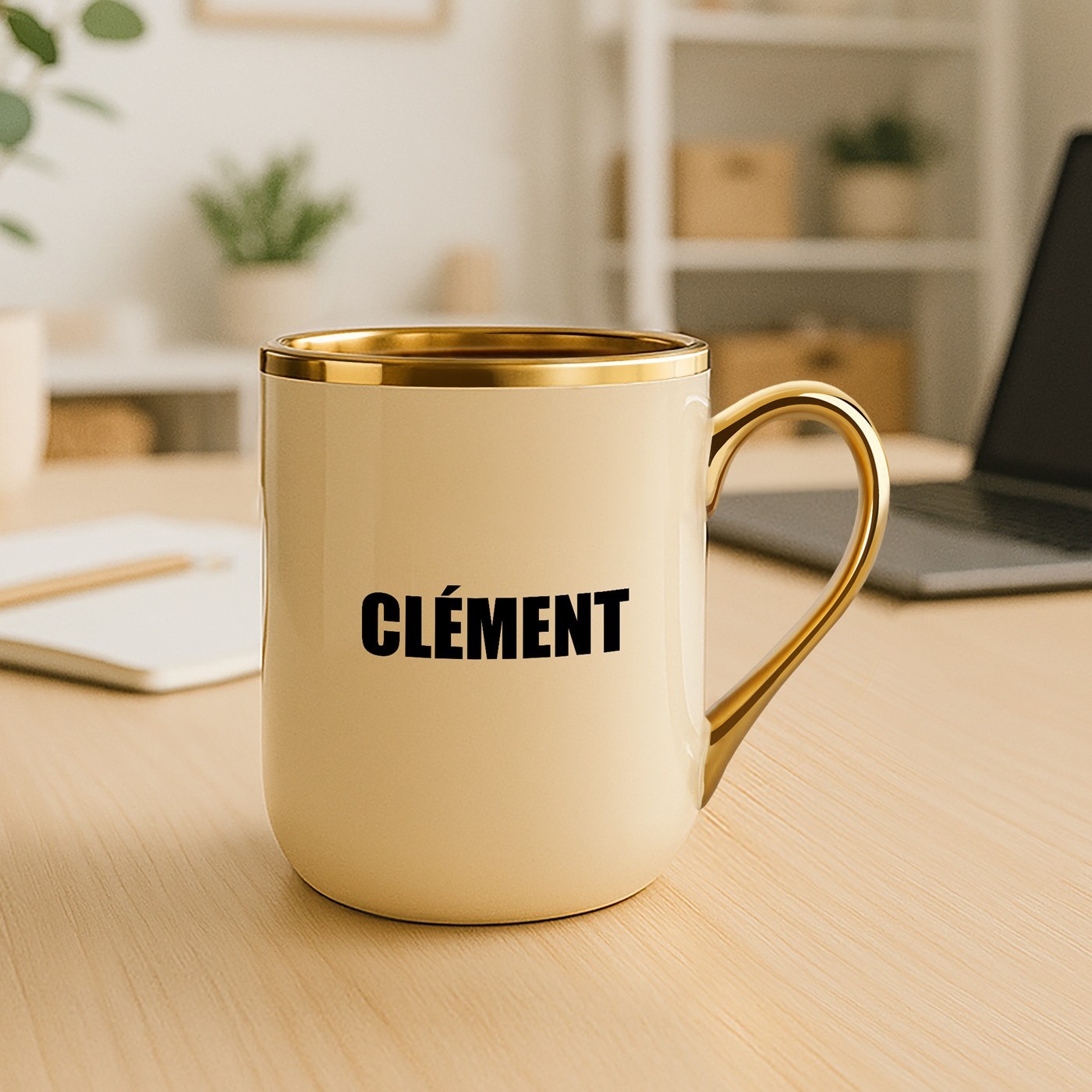 Taza de cerámica beige Murrano con borde y asa dorados para regalo de cumpleaños personalizado