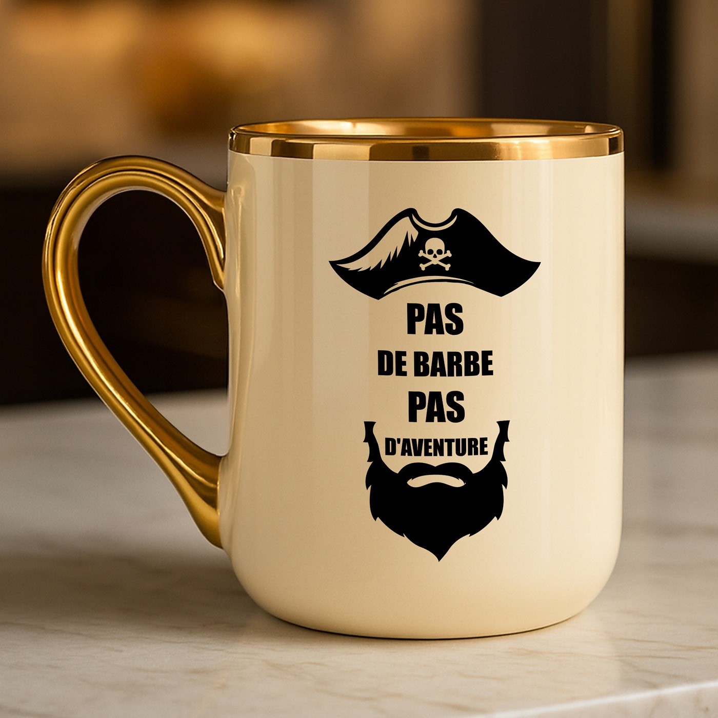 Taza de cerámica beige Murrano con borde y asa dorados para regalo de cumpleaños personalizado