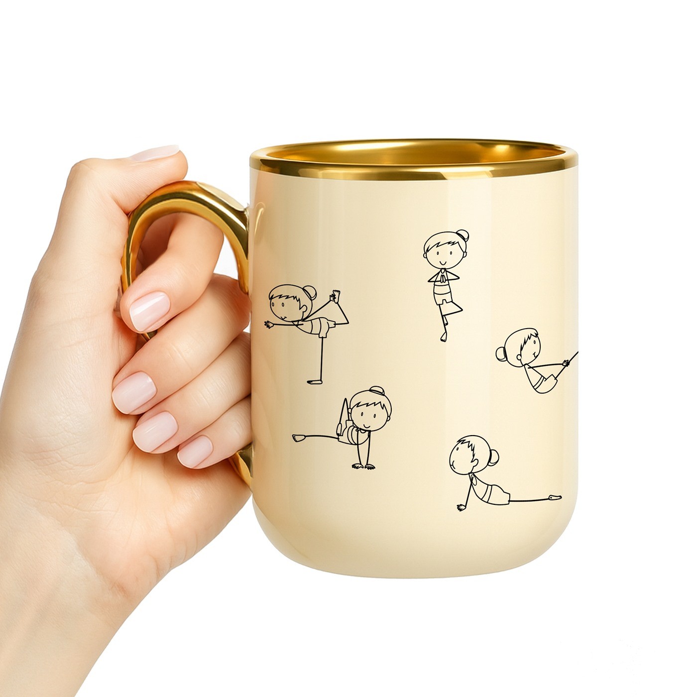Taza de cerámica beige personalizada con borde y asa dorados para mujer amante del fitness