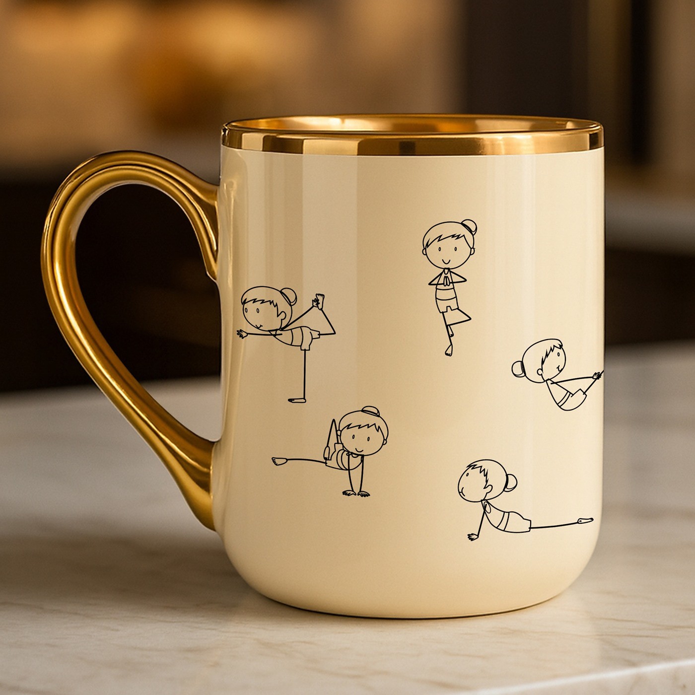 Taza de cerámica beige personalizada con borde y asa dorados para mujer amante del fitness