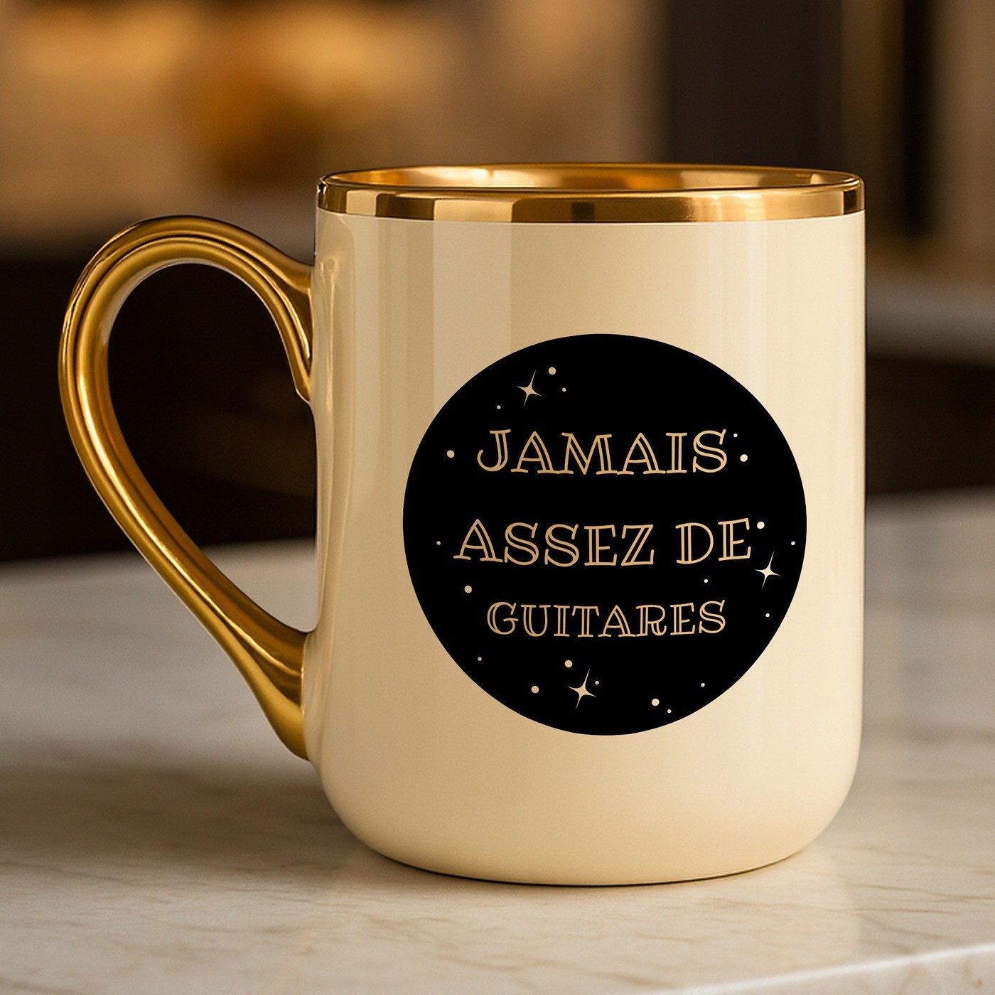 Taza de cerámica Murrano con borde y mango dorados para el cumpleaños de un guitarrista