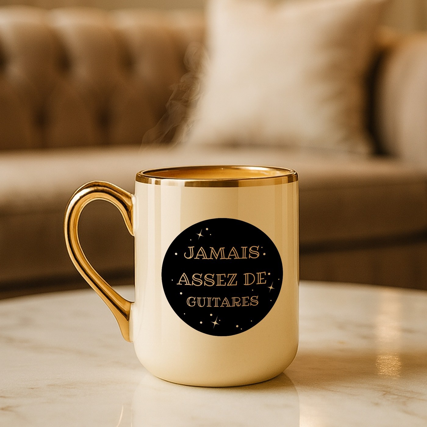 Taza de cerámica Murrano con borde y mango dorados para el cumpleaños de un guitarrista