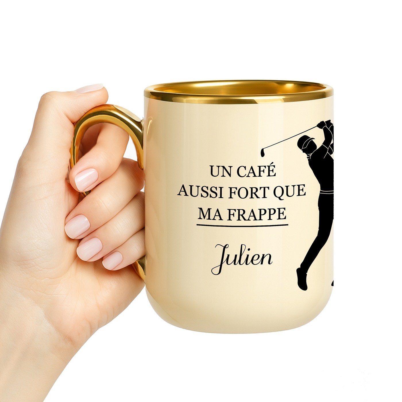 Taza de cerámica beige personalizada con borde y asa dorados para el cumpleaños de un golfista - Murrano