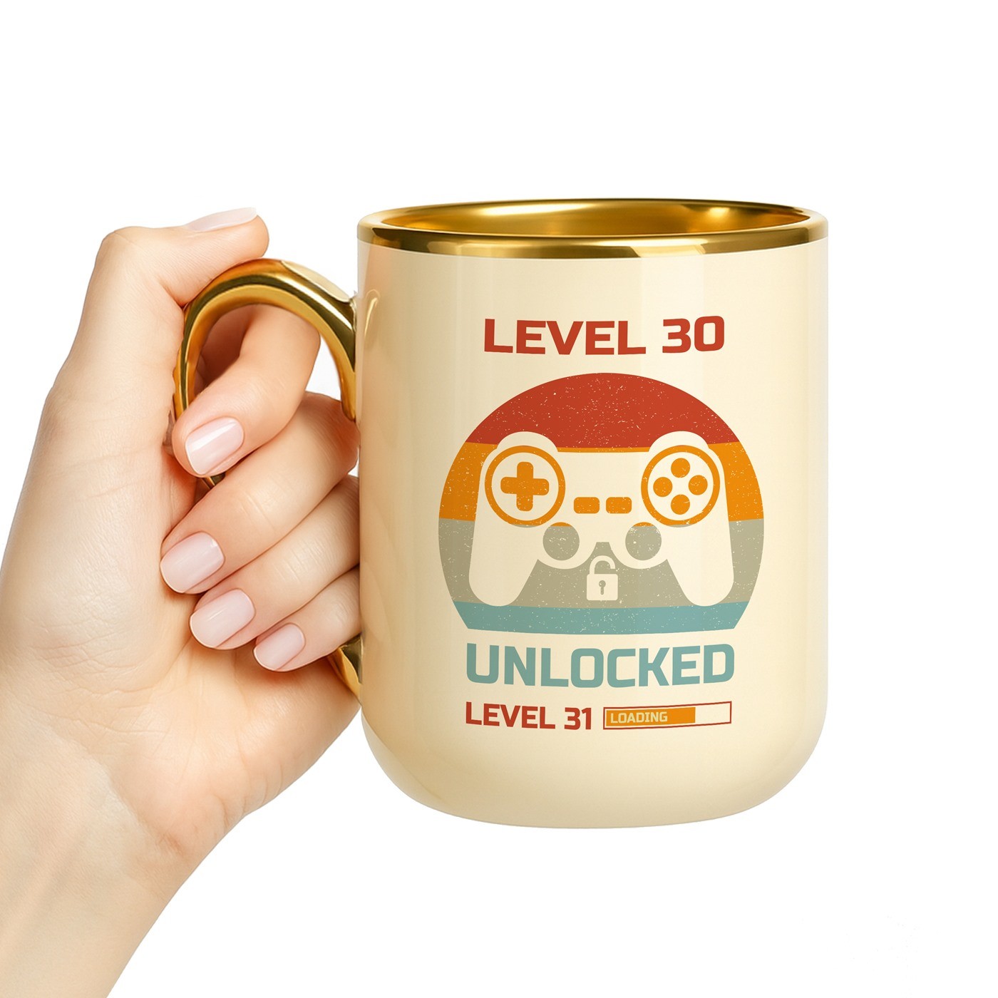 Mug de cerámica beige Murrano con borde y asa dorados para el cumpleaños de un jugador