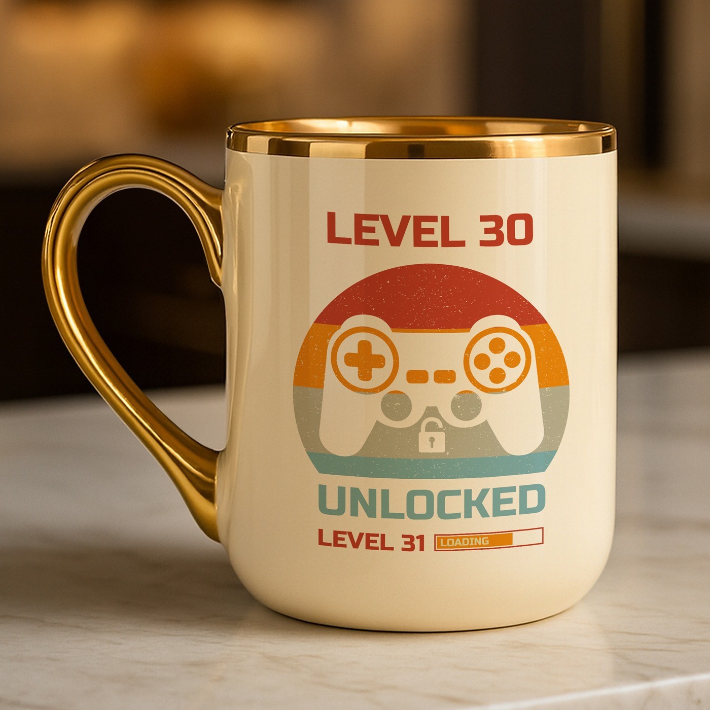 Mug de cerámica beige Murrano con borde y asa dorados para el cumpleaños de un jugador