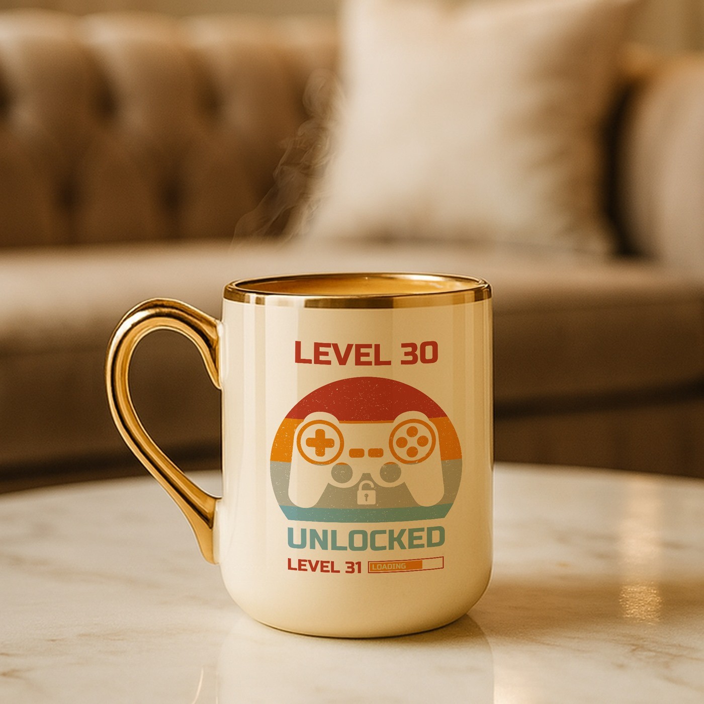Mug de cerámica beige Murrano con borde y asa dorados para el cumpleaños de un jugador
