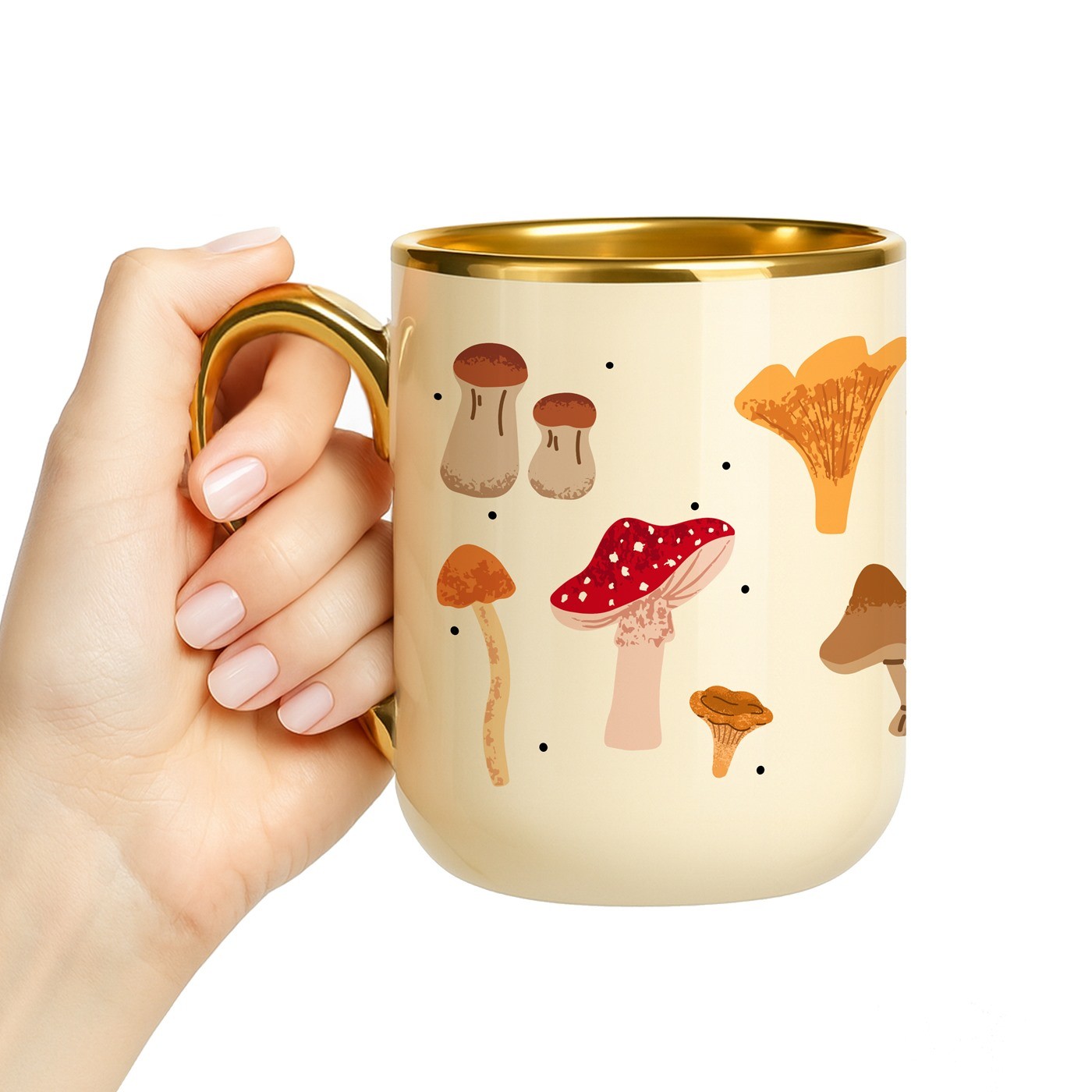Mug de cerámica beige Murrano con borde y asa dorados para el cumpleaños de una recolectora de setas