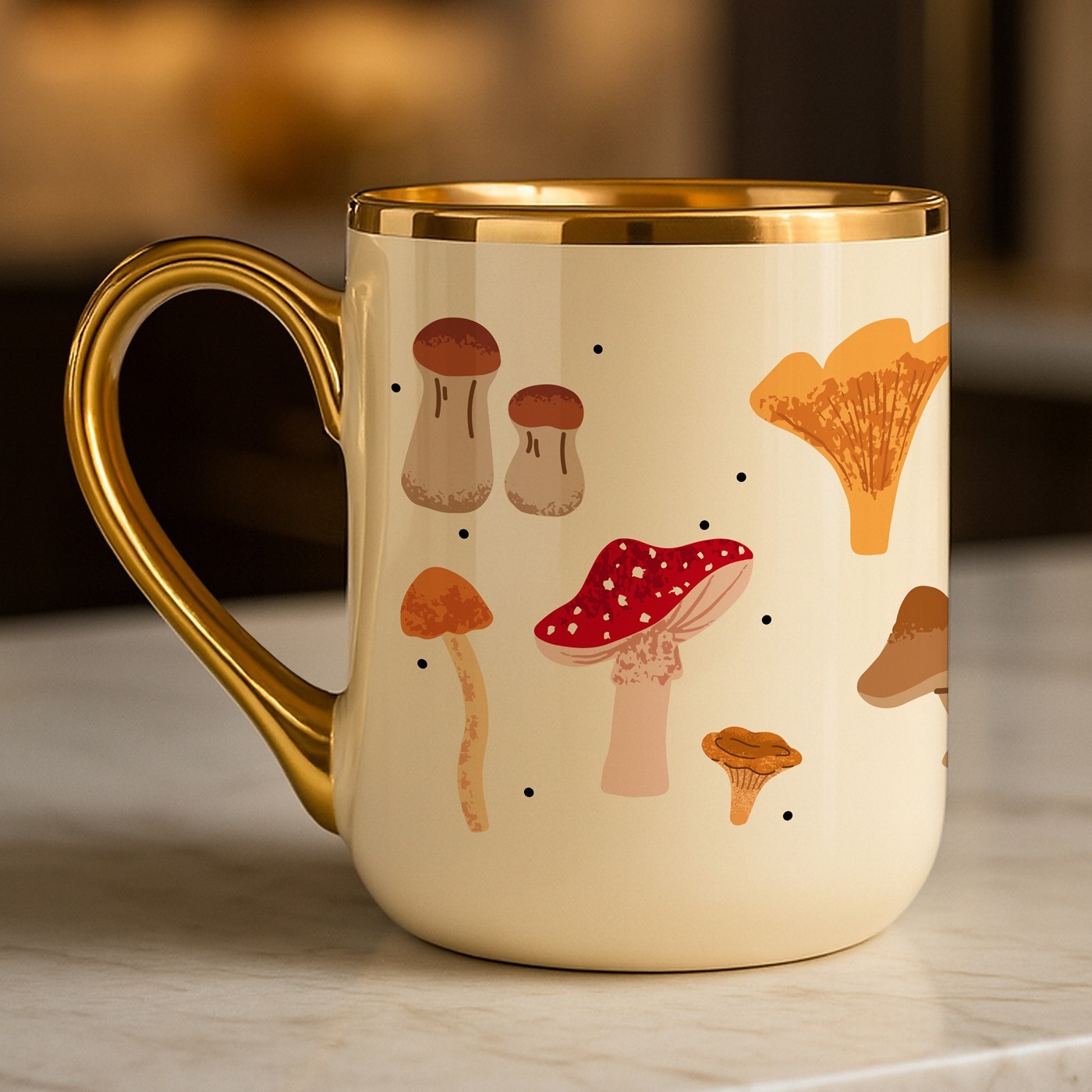 Mug de cerámica beige Murrano con borde y asa dorados para el cumpleaños de una recolectora de setas