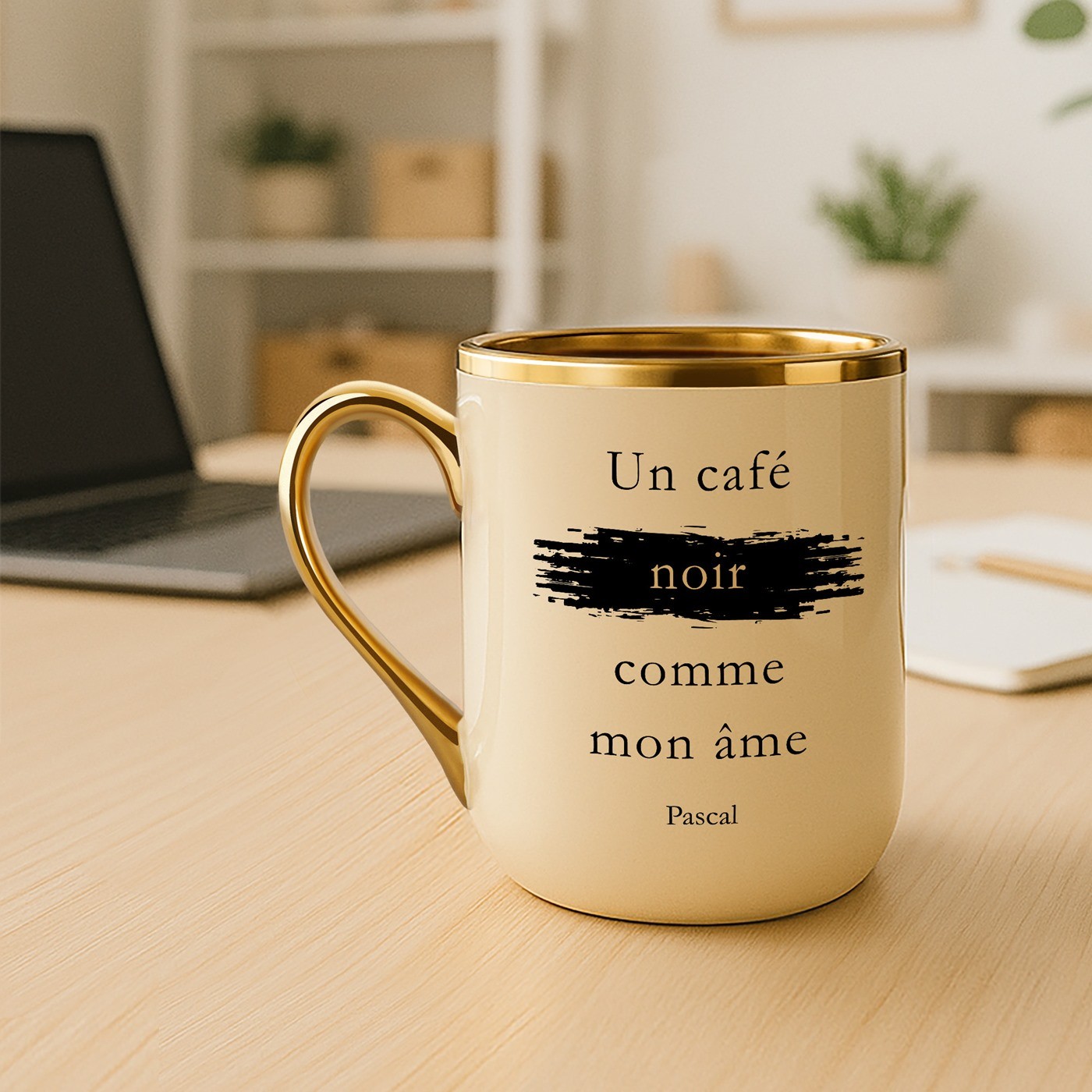 Mug de cerámica beige Murrano con borde y asa dorados para amante del café