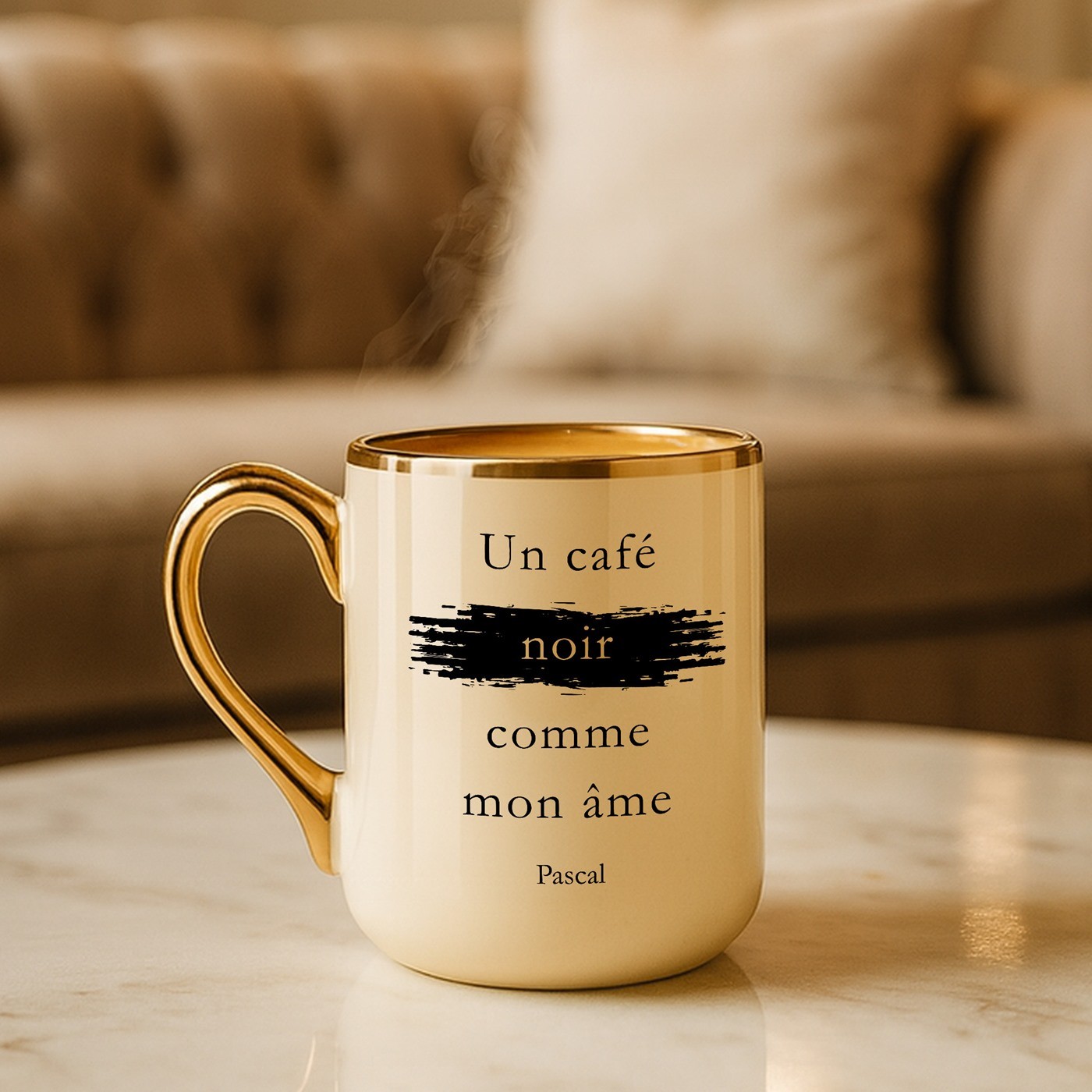 Mug de cerámica beige Murrano con borde y asa dorados para amante del café