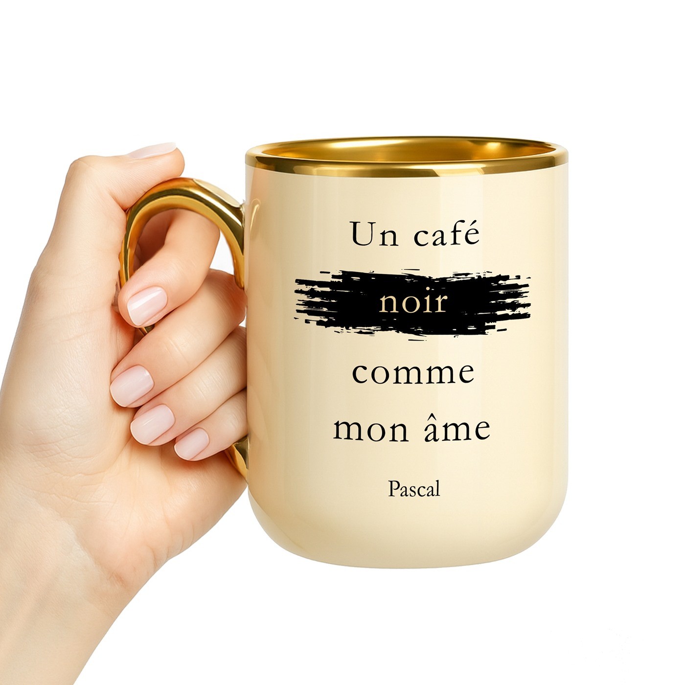 Mug de cerámica beige Murrano con borde y asa dorados para amante del café