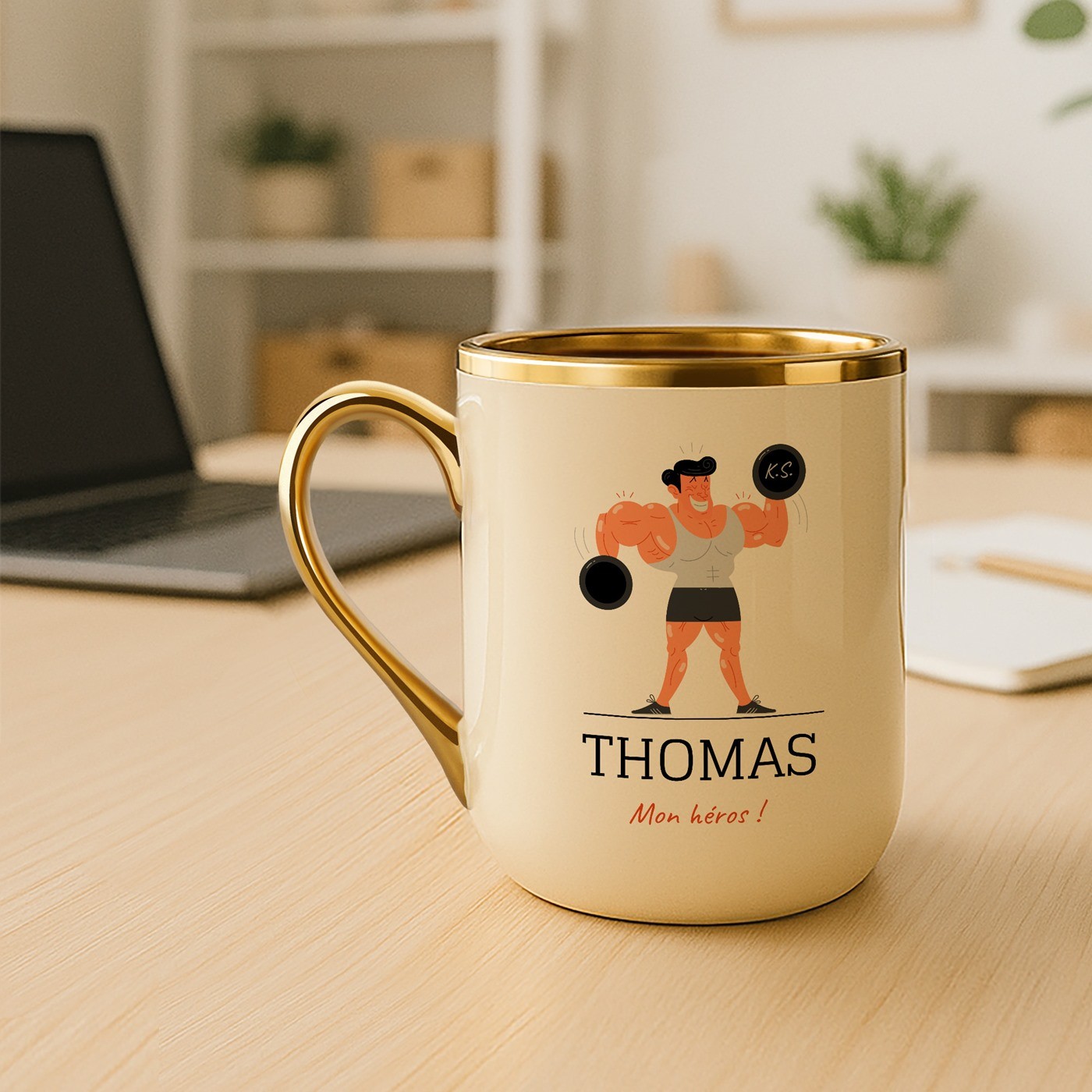 Taza de cerámica Murrano con borde y asa dorados para el cumpleaños de un culturista