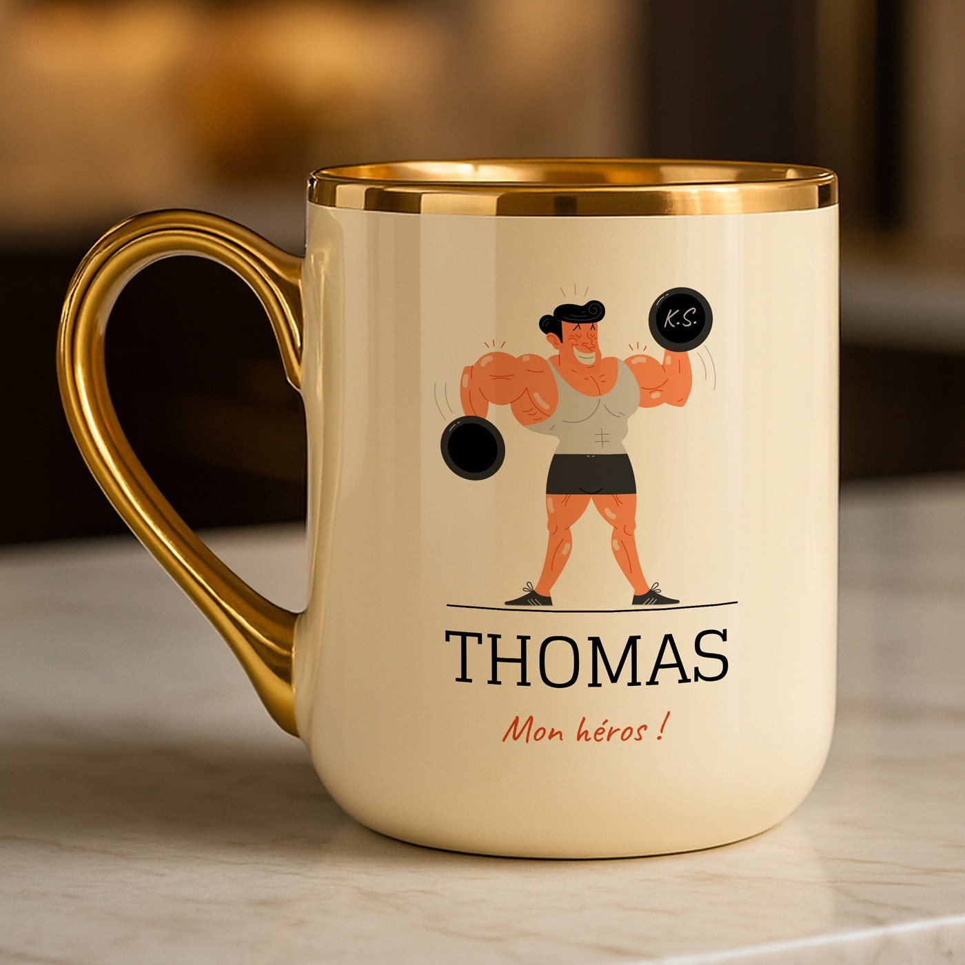 Taza de cerámica Murrano con borde y asa dorados para el cumpleaños de un culturista