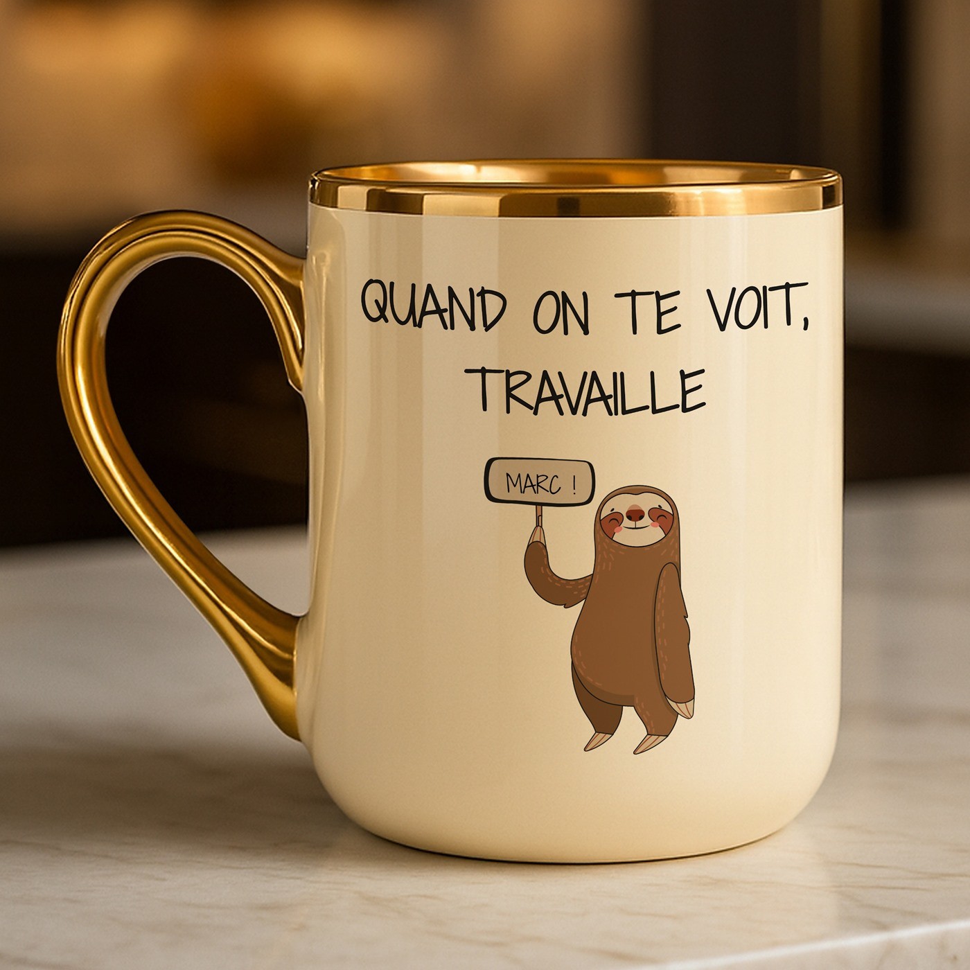 Mug de cerámica beige Murrano con borde y mango dorados para regalo de cumpleaños