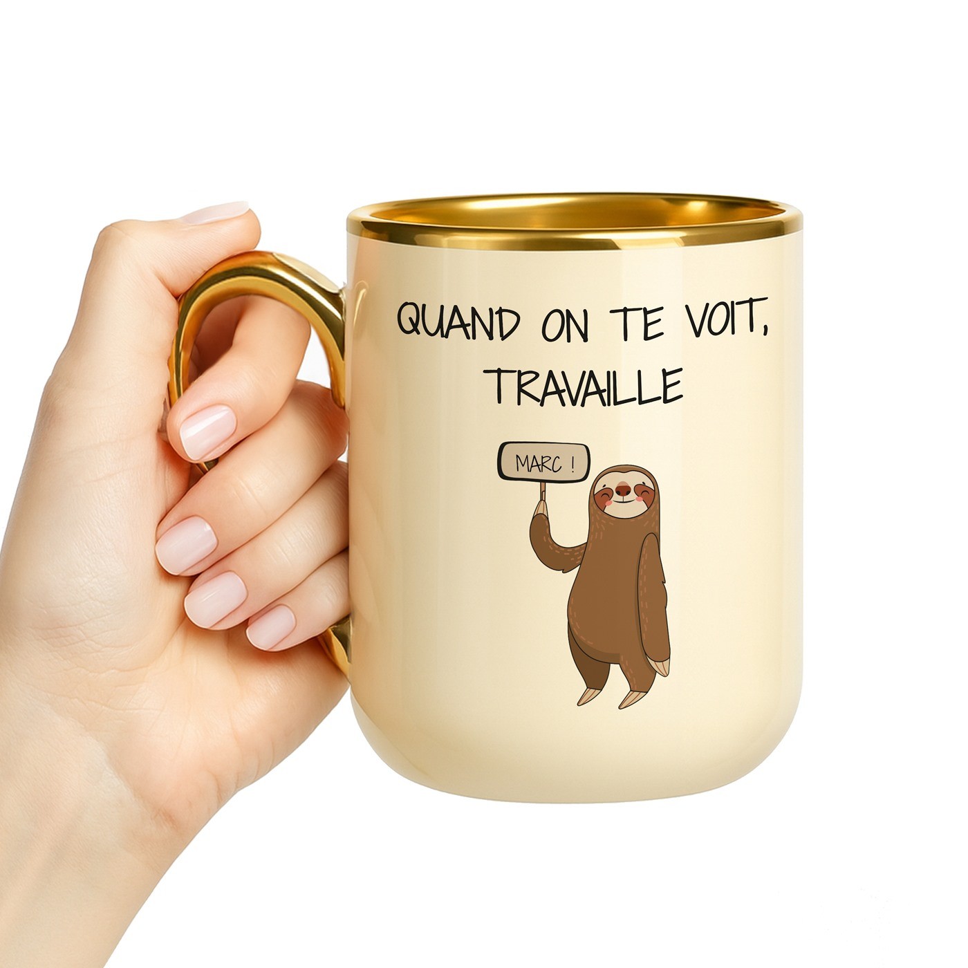 Mug de cerámica beige Murrano con borde y mango dorados para regalo de cumpleaños
