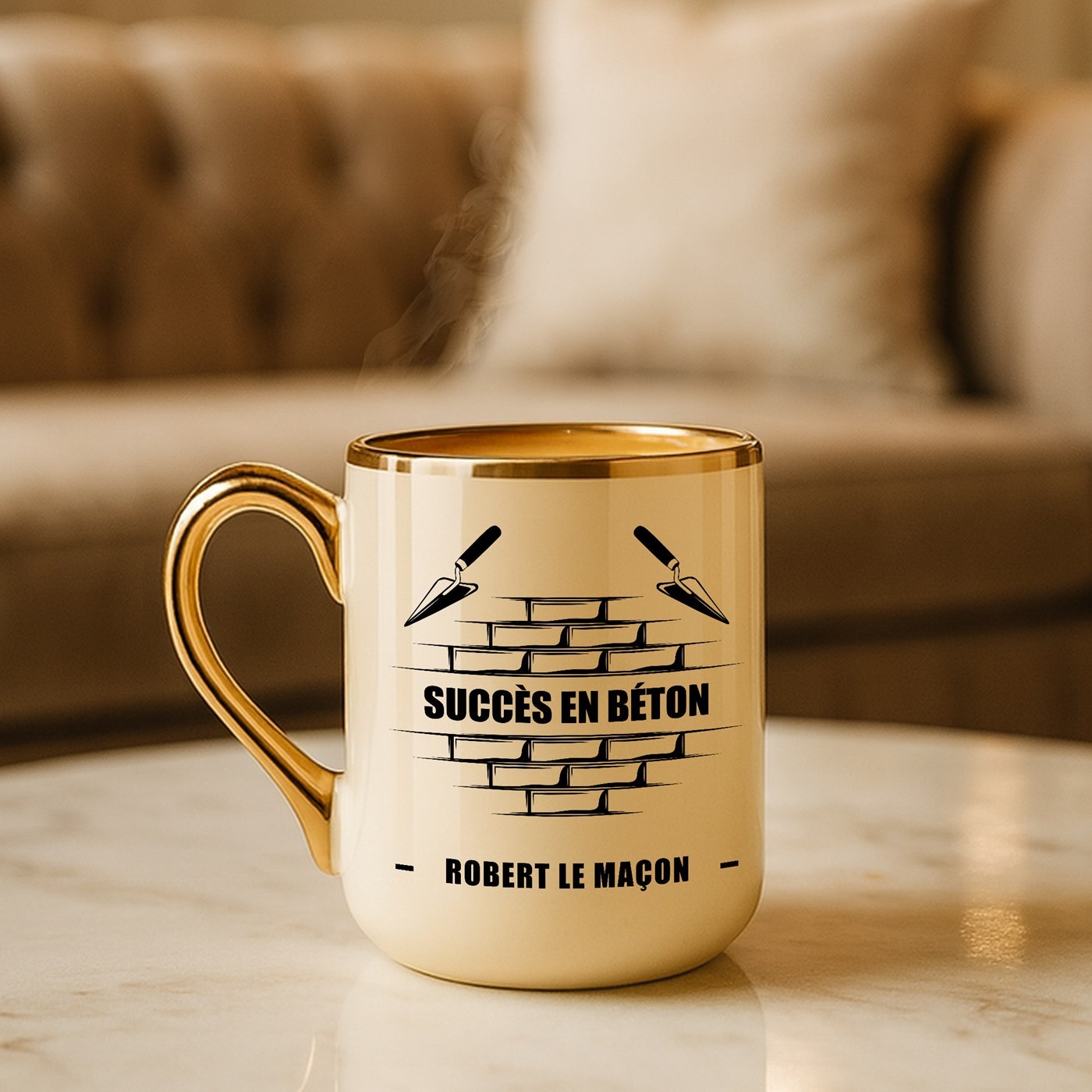 Taza de cerámica beige Murrano con borde y asa dorados para regalo de cumpleaños