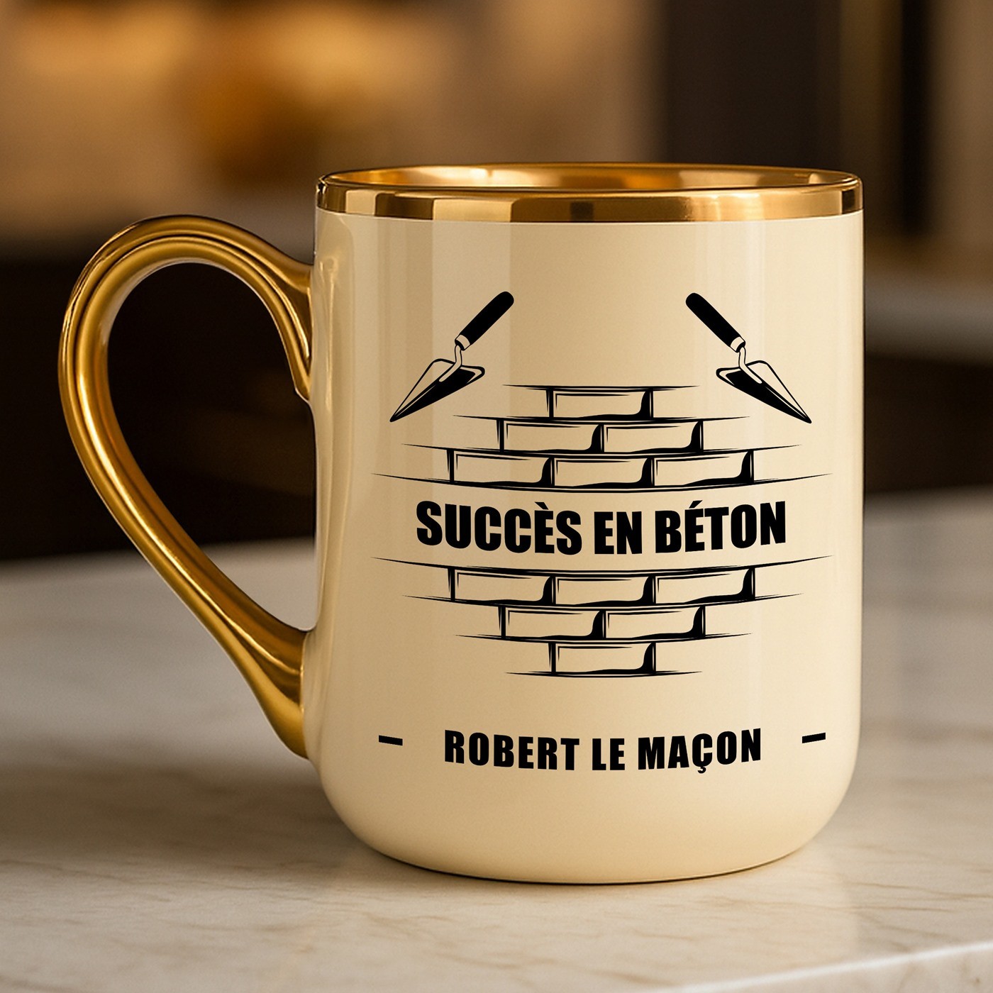 Taza de cerámica beige Murrano con borde y asa dorados para regalo de cumpleaños