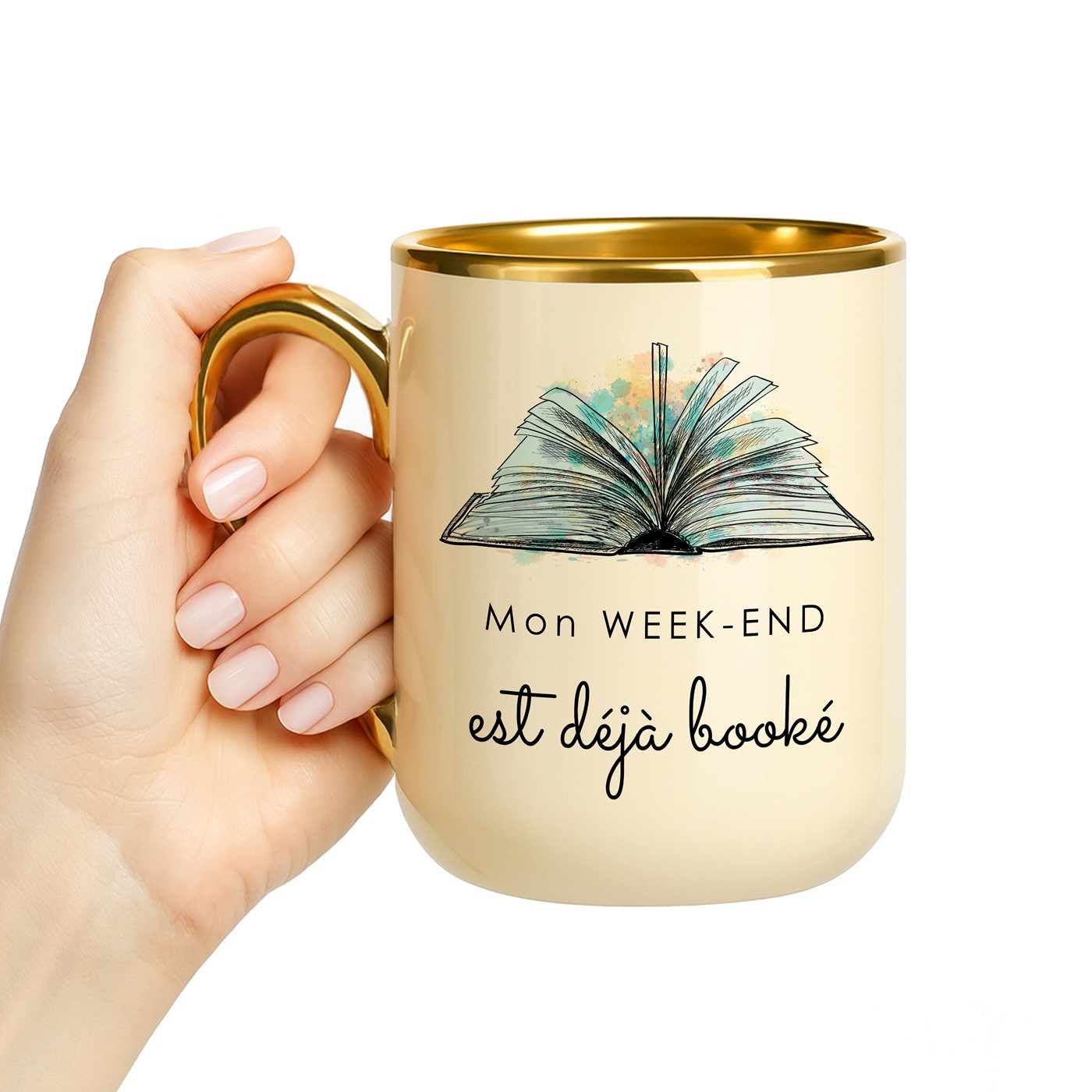 Mug de cerámica beige personalizado con borde y asa dorados para un ratón de biblioteca (cumpleaños)