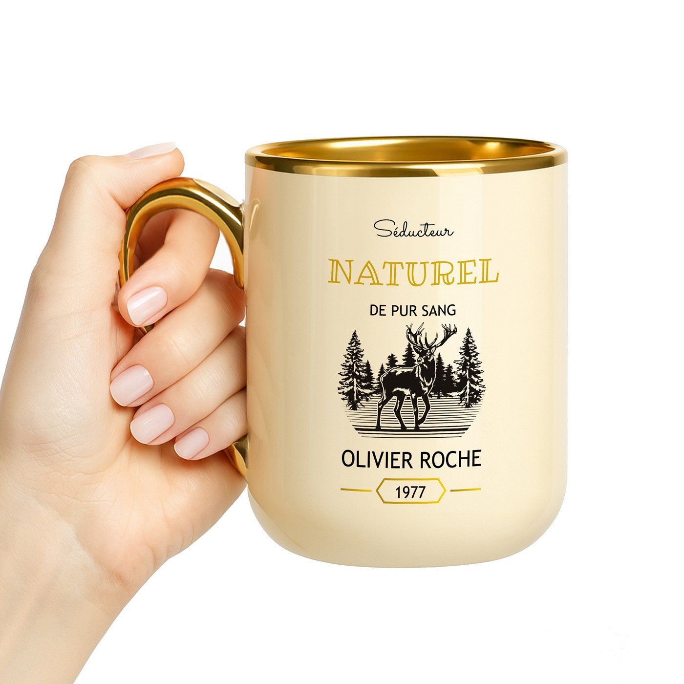 Mug de cerámica beige Murrano con borde y asa dorados para el cumpleaños de un caballero
