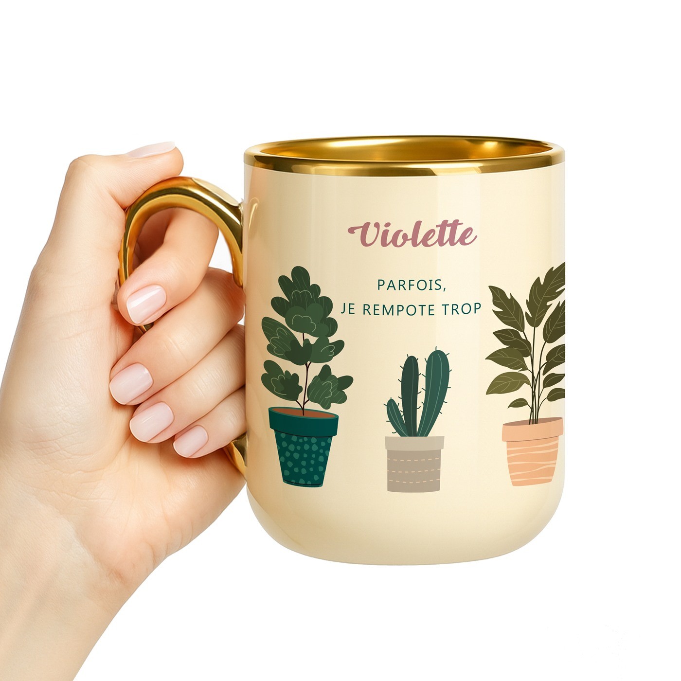 Mug de cerámica beige Murrano con borde y asa dorados para el cumpleaños de una amante del jardín