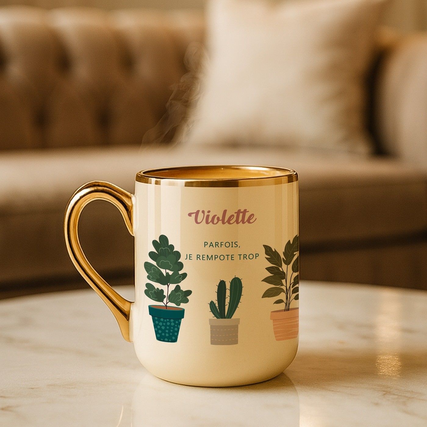 Mug de cerámica beige Murrano con borde y asa dorados para el cumpleaños de una amante del jardín
