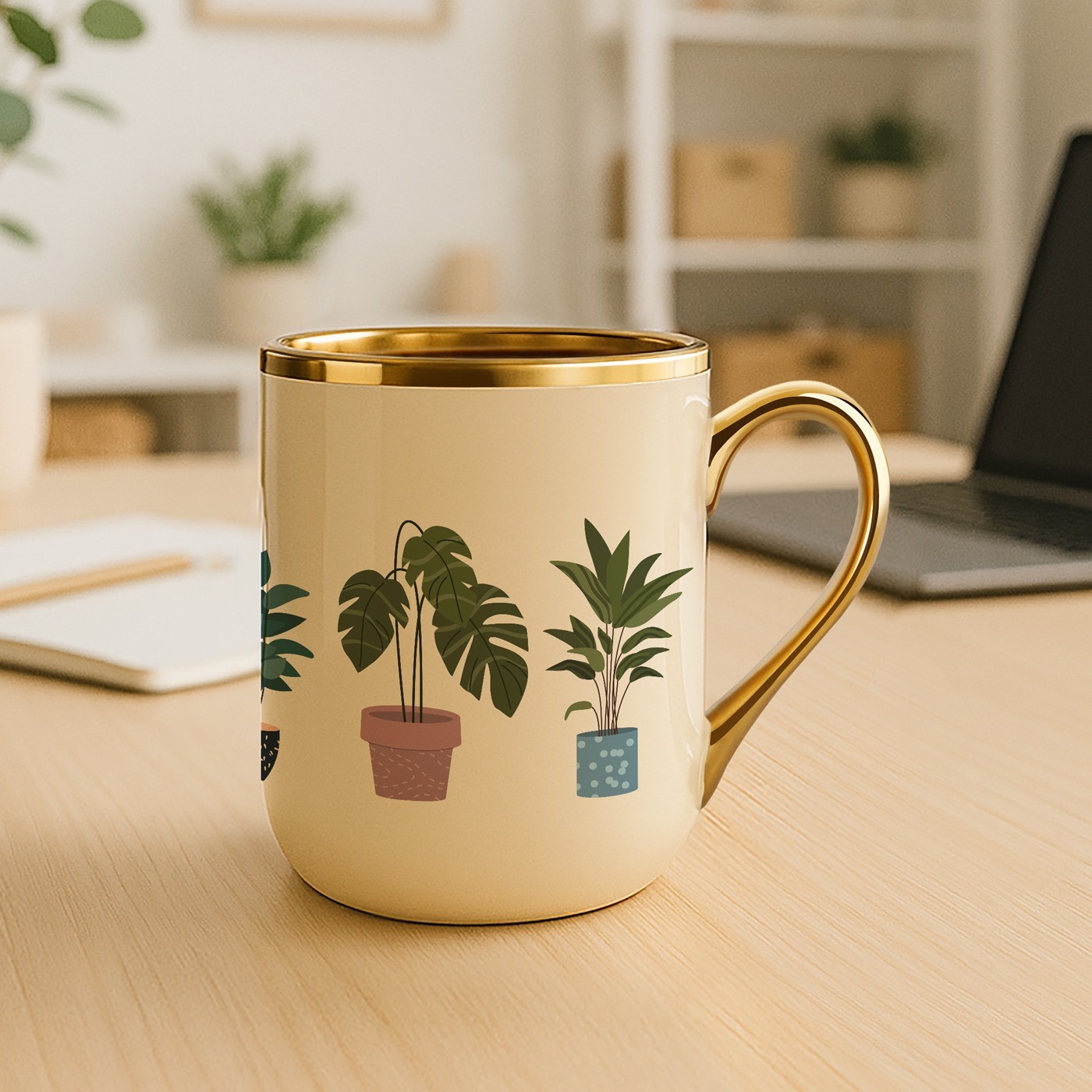 Mug de cerámica beige Murrano con borde y asa dorados para el cumpleaños de una amante del jardín
