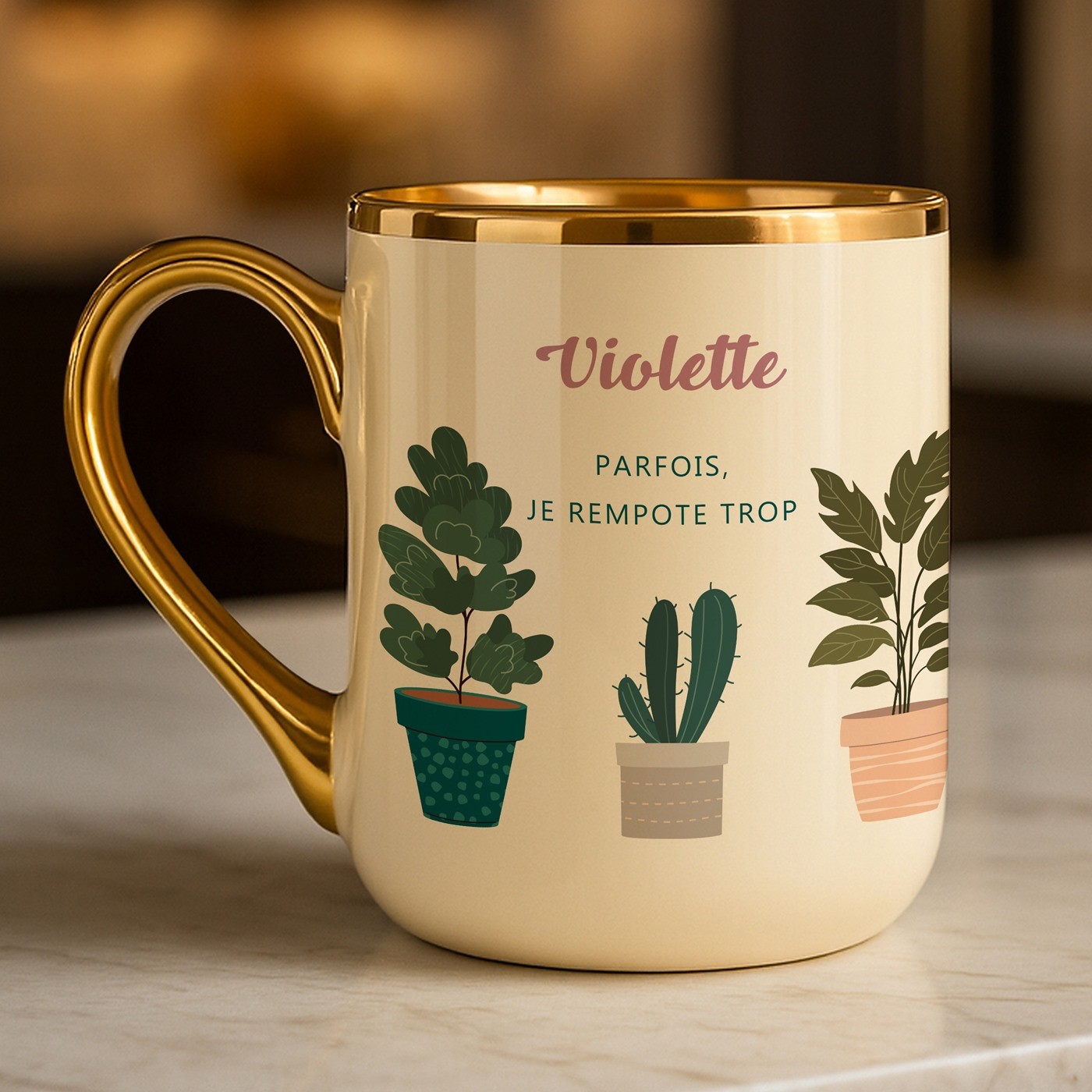 Mug de cerámica beige Murrano con borde y asa dorados para el cumpleaños de una amante del jardín