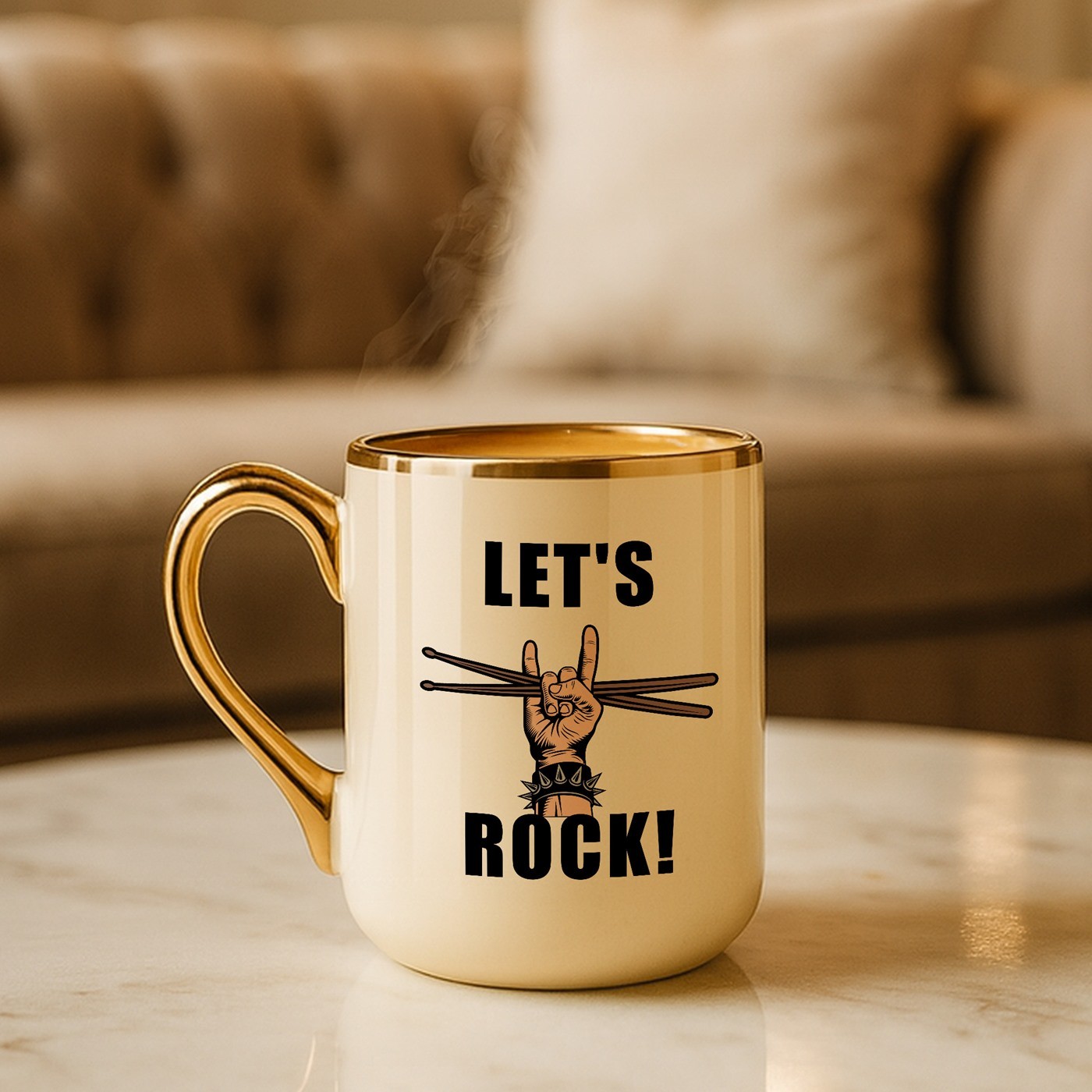 Mug de cerámica Murrano con borde y asa dorados para un amante del rock