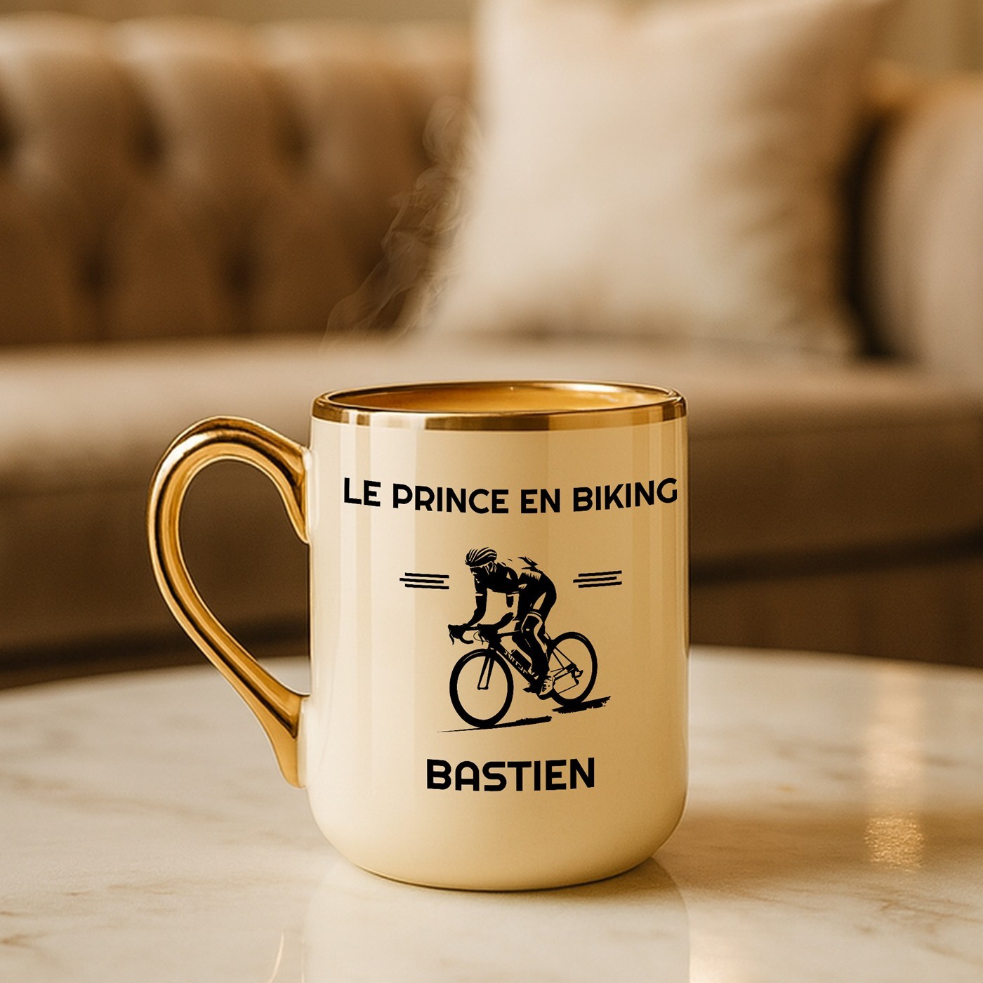 Taza de cerámica Murrano con borde y mango dorados para el cumpleaños de un ciclista