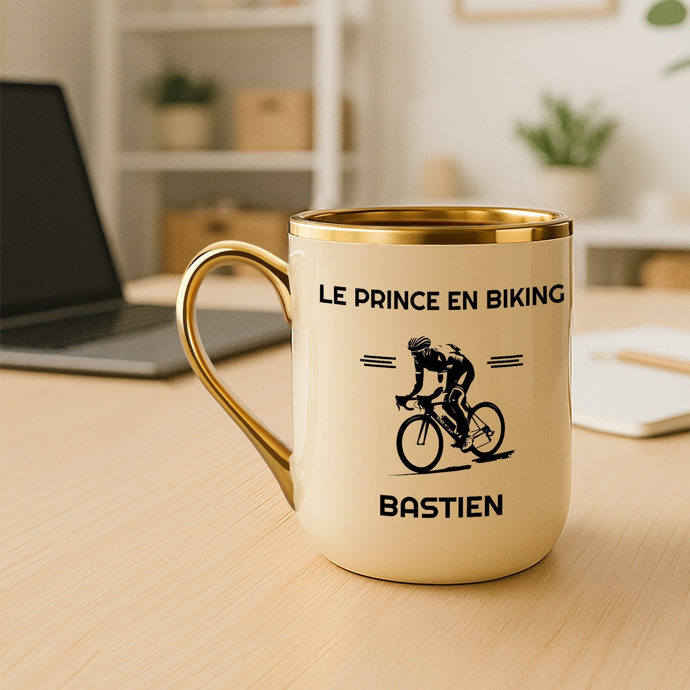 Taza de cerámica Murrano con borde y mango dorados para el cumpleaños de un ciclista