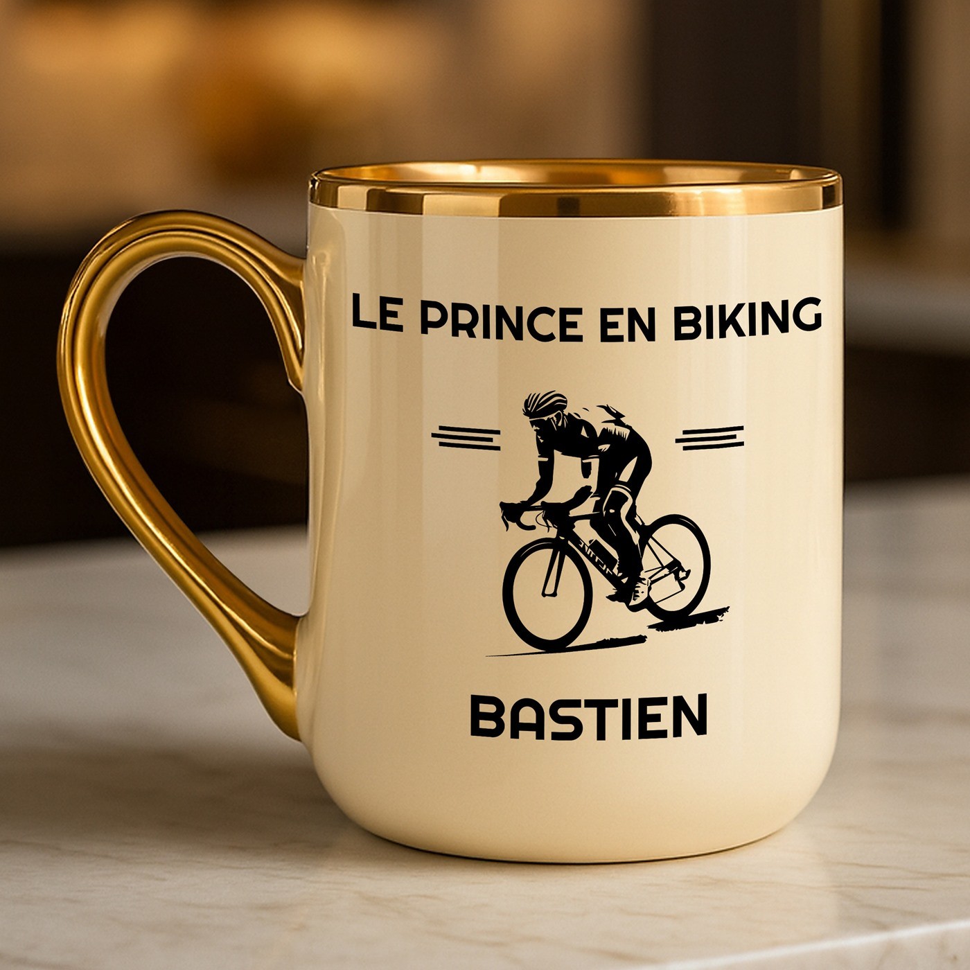 Taza de cerámica Murrano con borde y mango dorados para el cumpleaños de un ciclista