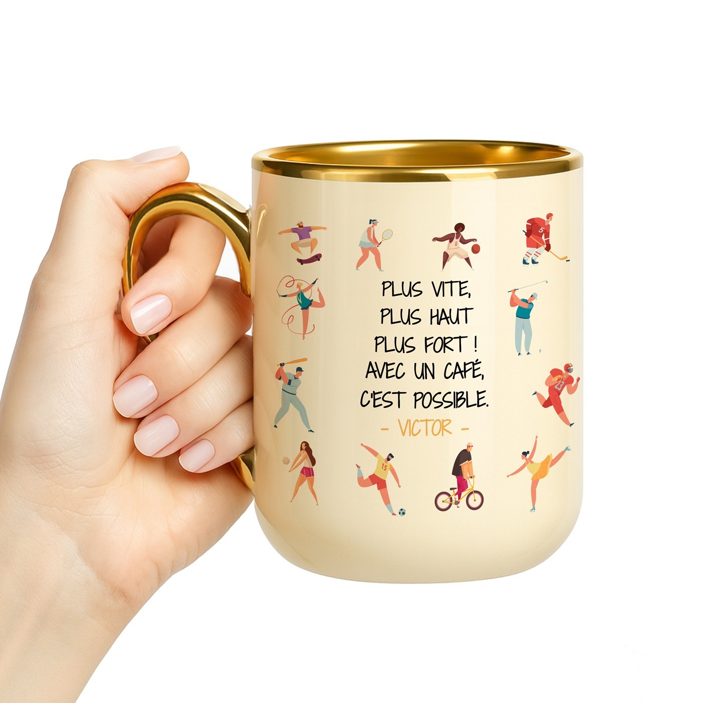 Mug de cerámica personalizado Murrano con borde y mango dorados para aficionado al deporte