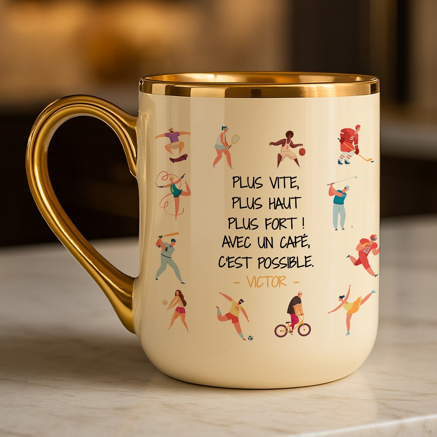 Mug de cerámica personalizado Murrano con borde y mango dorados para aficionado al deporte