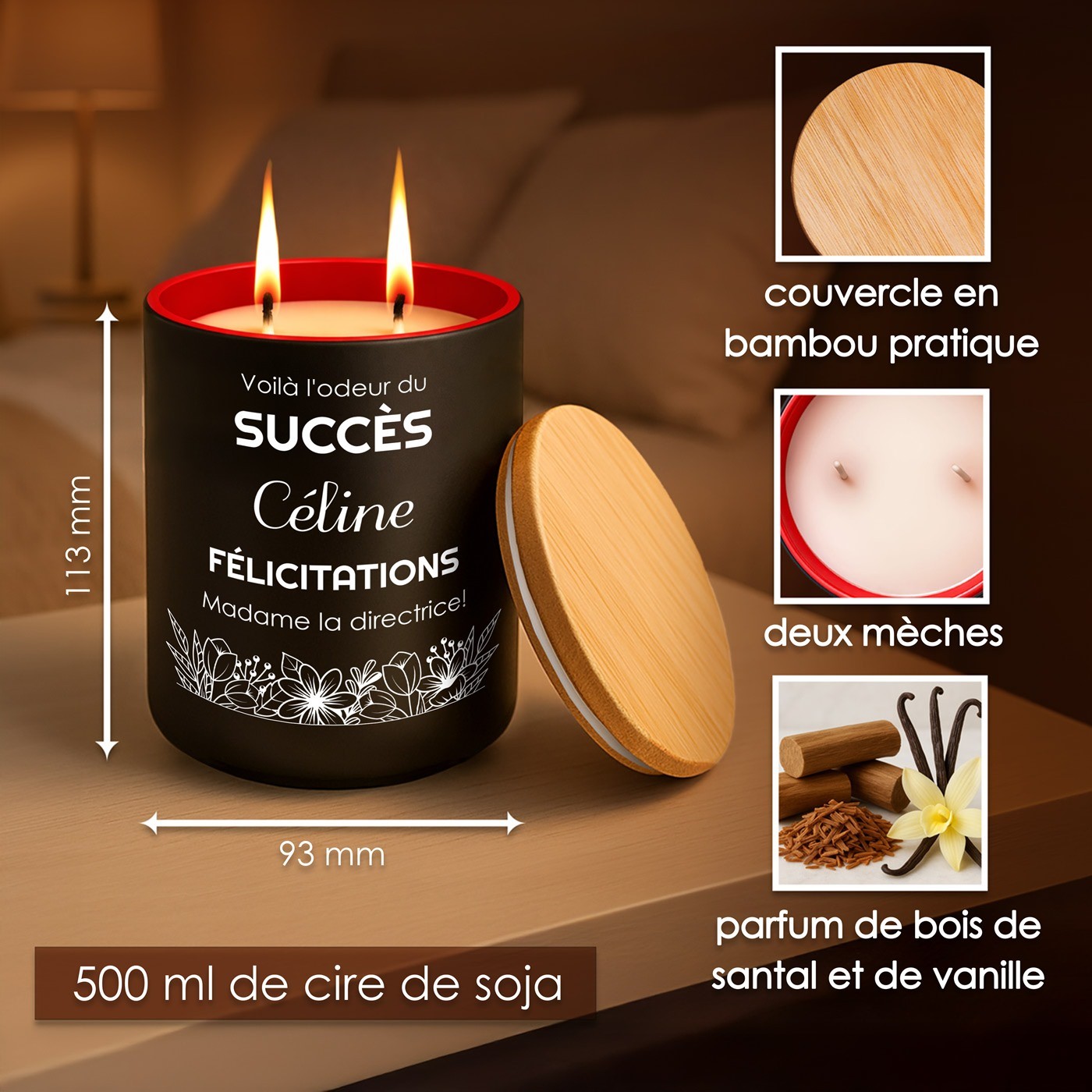 Candela de cera de soja personalizada Murrano para una colega por un ascenso laboral