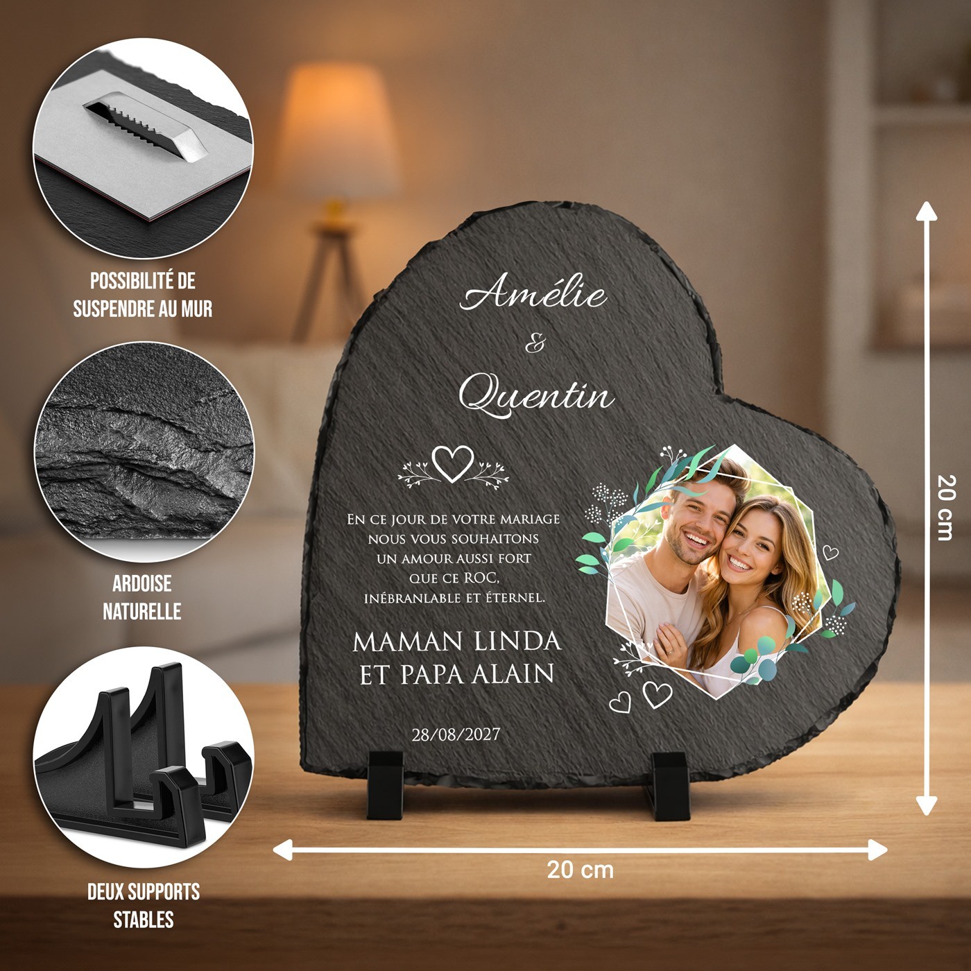 Murrano Heart Shaped Slate Stone with Personalized Photo for Couple Wedding Gift