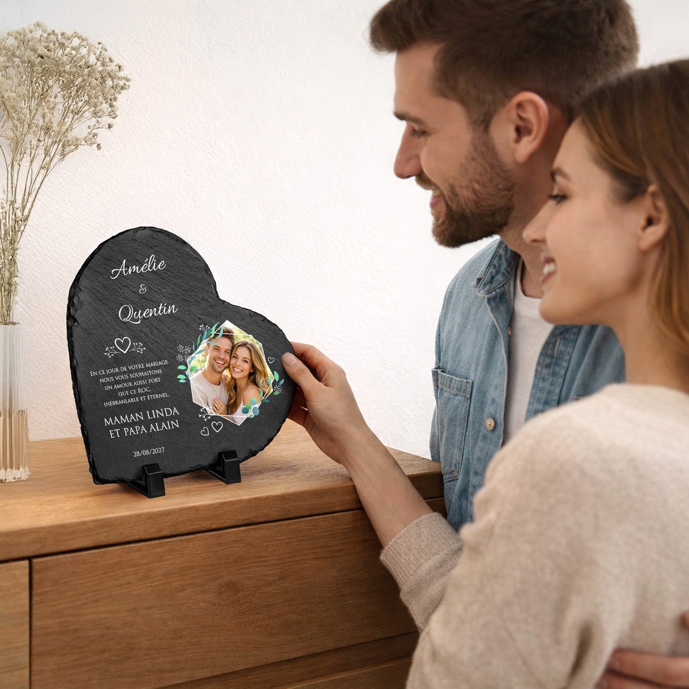 Murrano Heart Shaped Slate Stone with Personalized Photo for Couple Wedding Gift