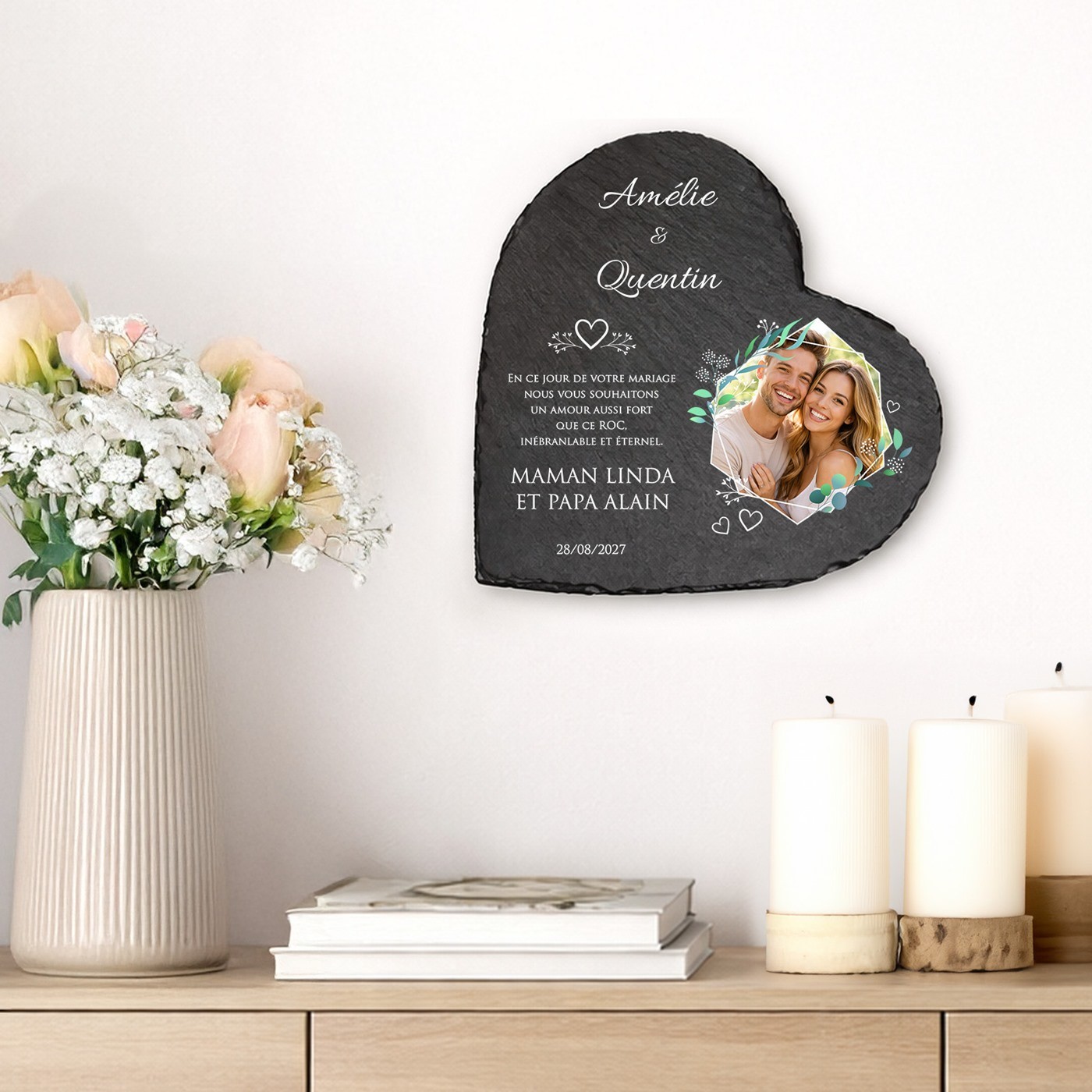 Murrano Heart Shaped Slate Stone with Personalized Photo for Couple Wedding Gift