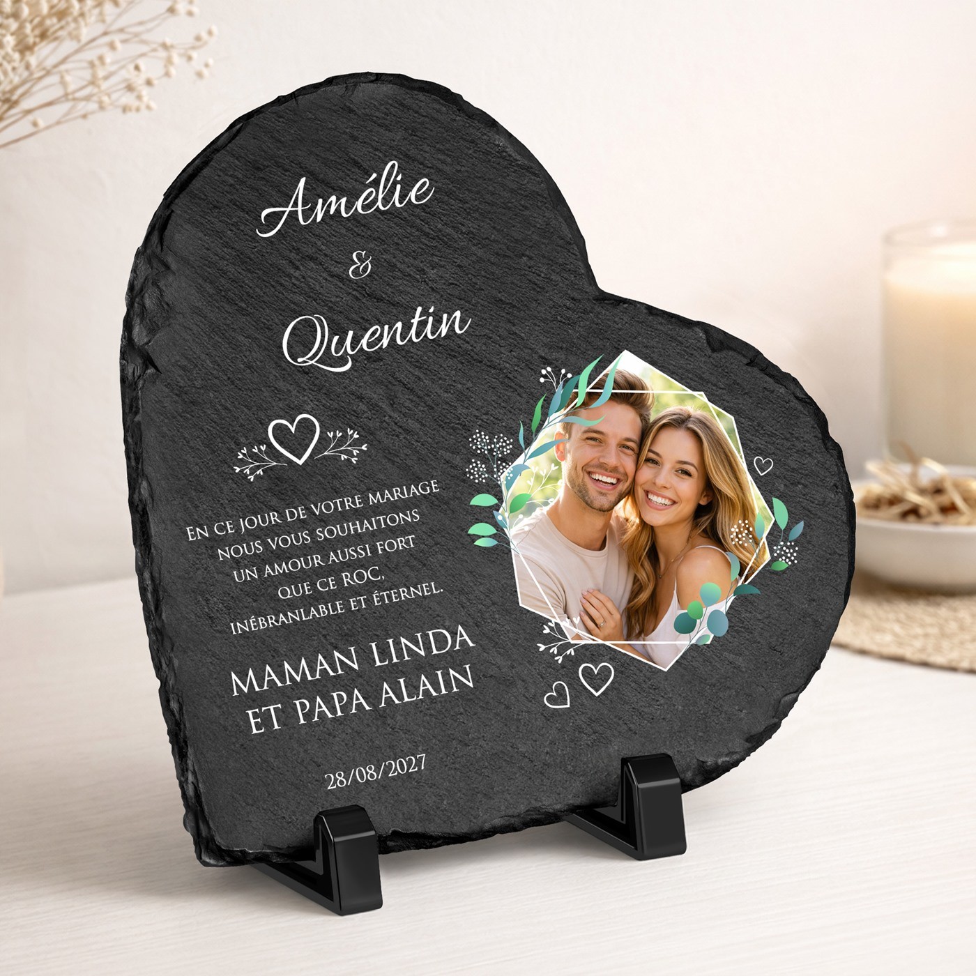 Piedra de pizarra Murrano en forma de corazón con foto personalizada para una pareja de boda